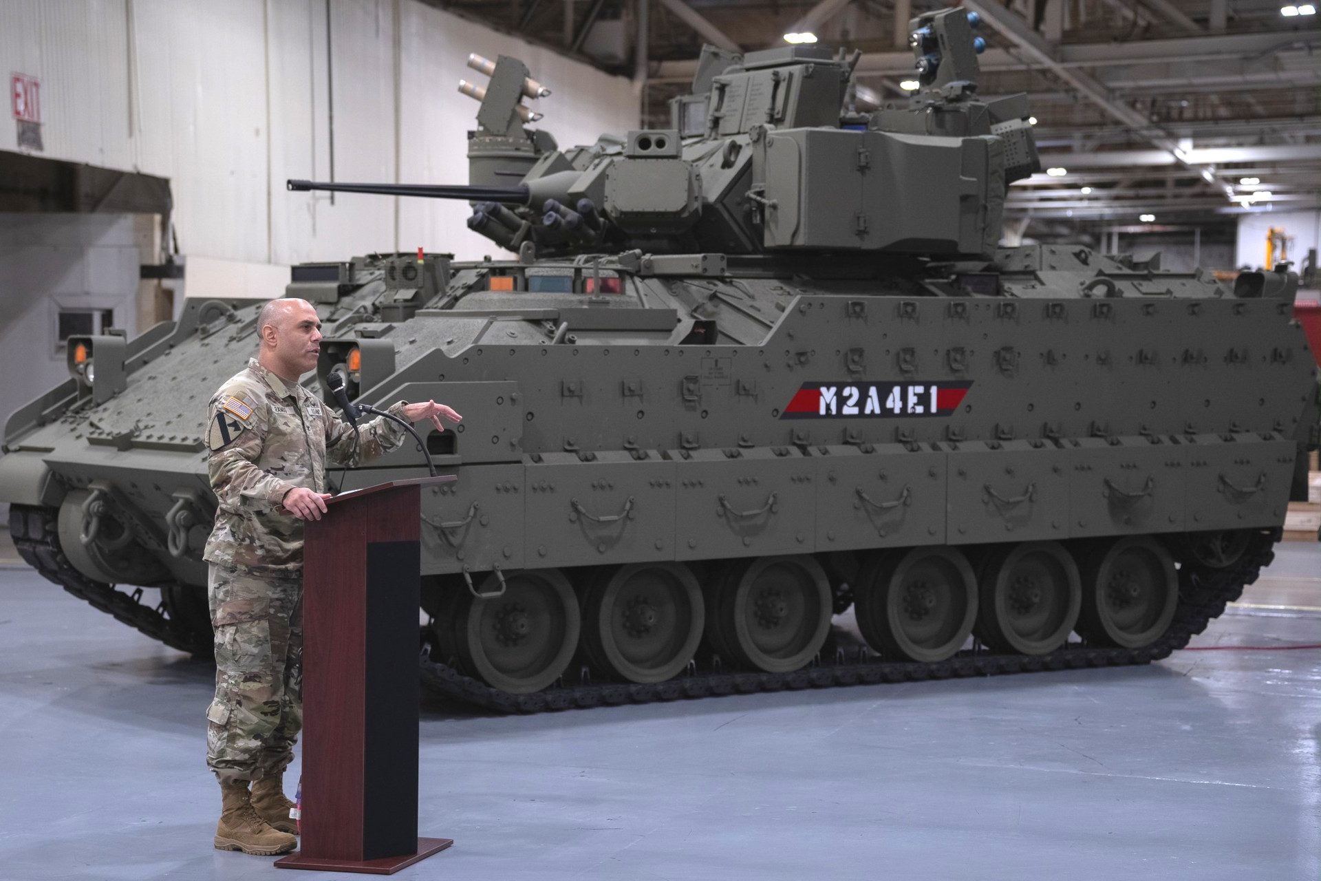 An M2A4E1 Bradley with the Iron Fist active protection system and other upgrades seen at a recent rollout ceremony. <em>US Army</em>