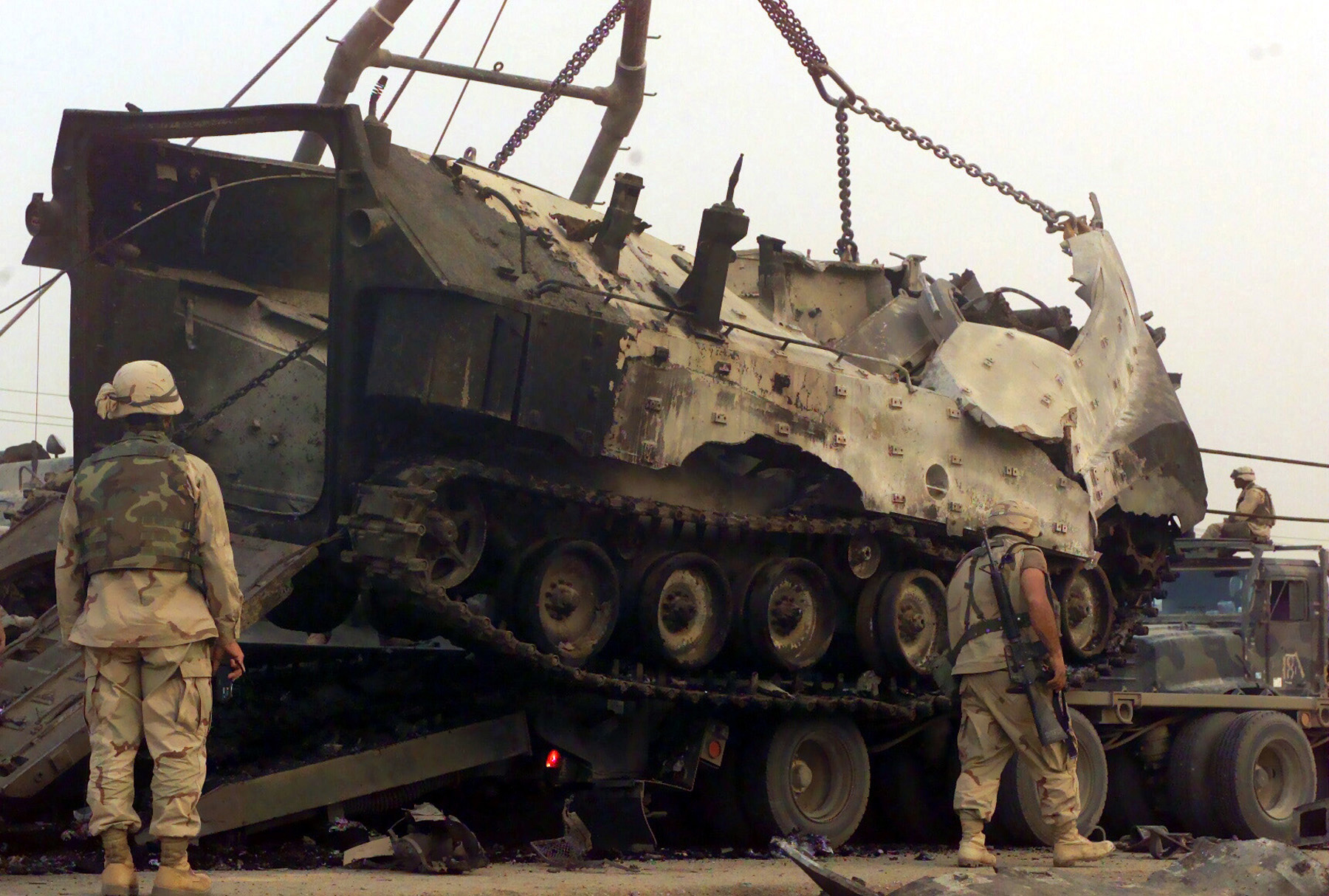 A Marine Corps AAV destroyed near Nasiriyah, Iraq, in March 2003. <em>U.S. Department of Defense</em><br>