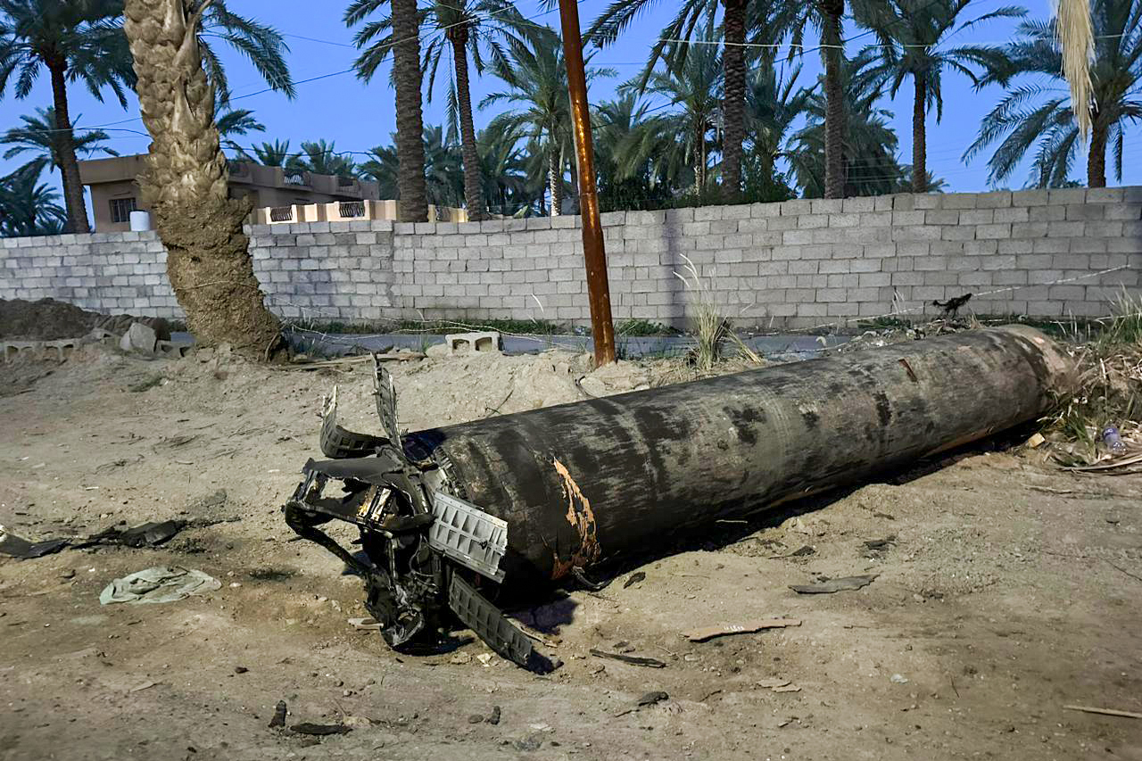 A fragment of a missile fell on an empty field during the Iranian airstrikes against Israel in Baghdad, Iraq on April 14, 2024. (Photo by Stringer/Anadolu via Getty Images)