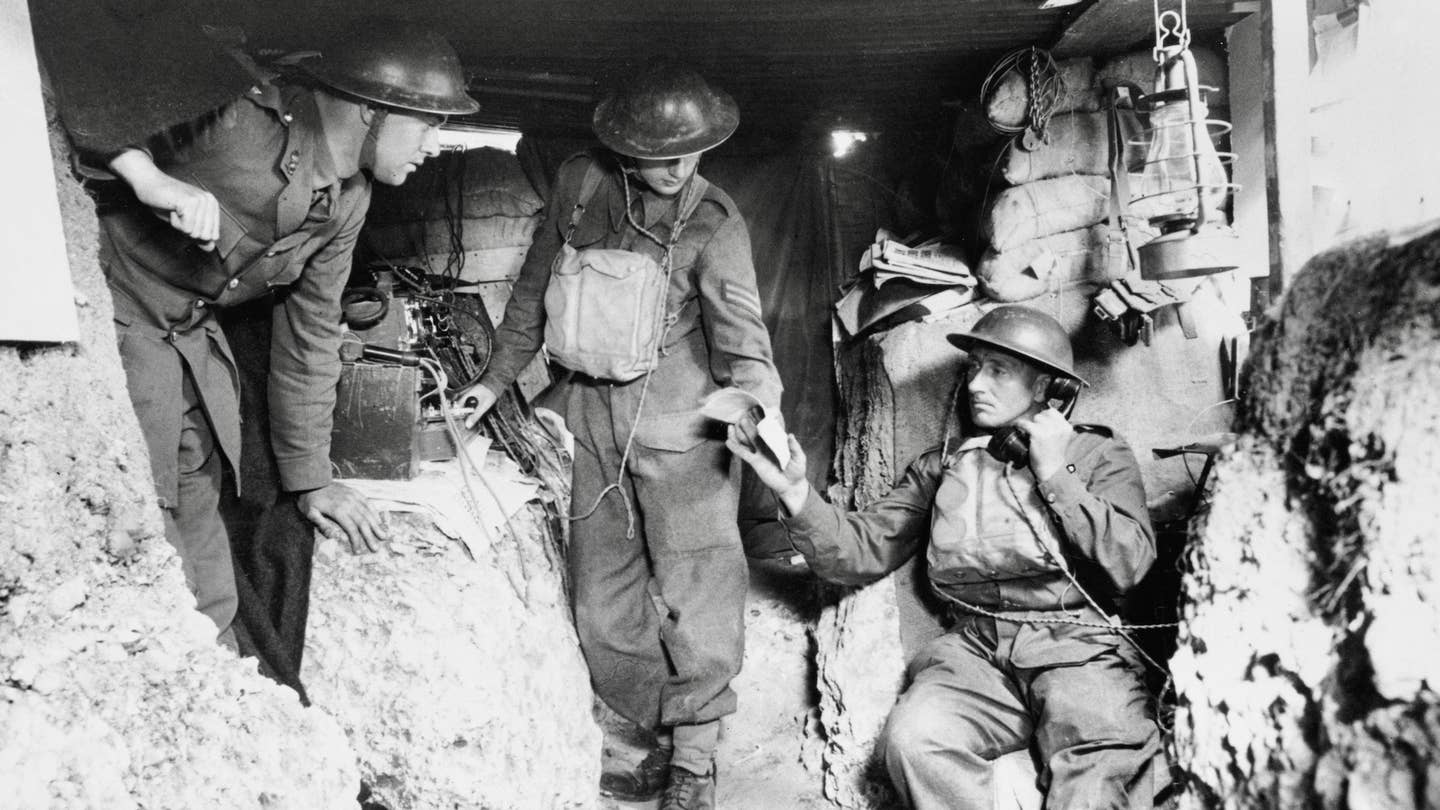 British telephonists on duty in a bomb-proof shelter on the southwest coast of Britain, in readiness to go into action with their artillery company against invading German soldiers. (Photo by Bettmann Archive/Getty Images)