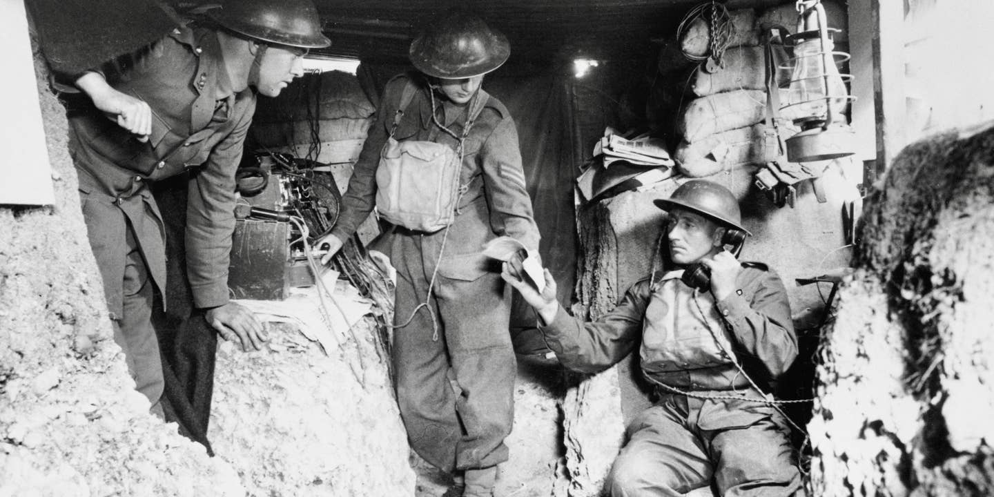 British telephonists on duty in a bomb-proof shelter on the southwest coast of Britain, in readiness to go into action with their artillery company against invading German soldiers. (Photo by Bettmann Archive/Getty Images)