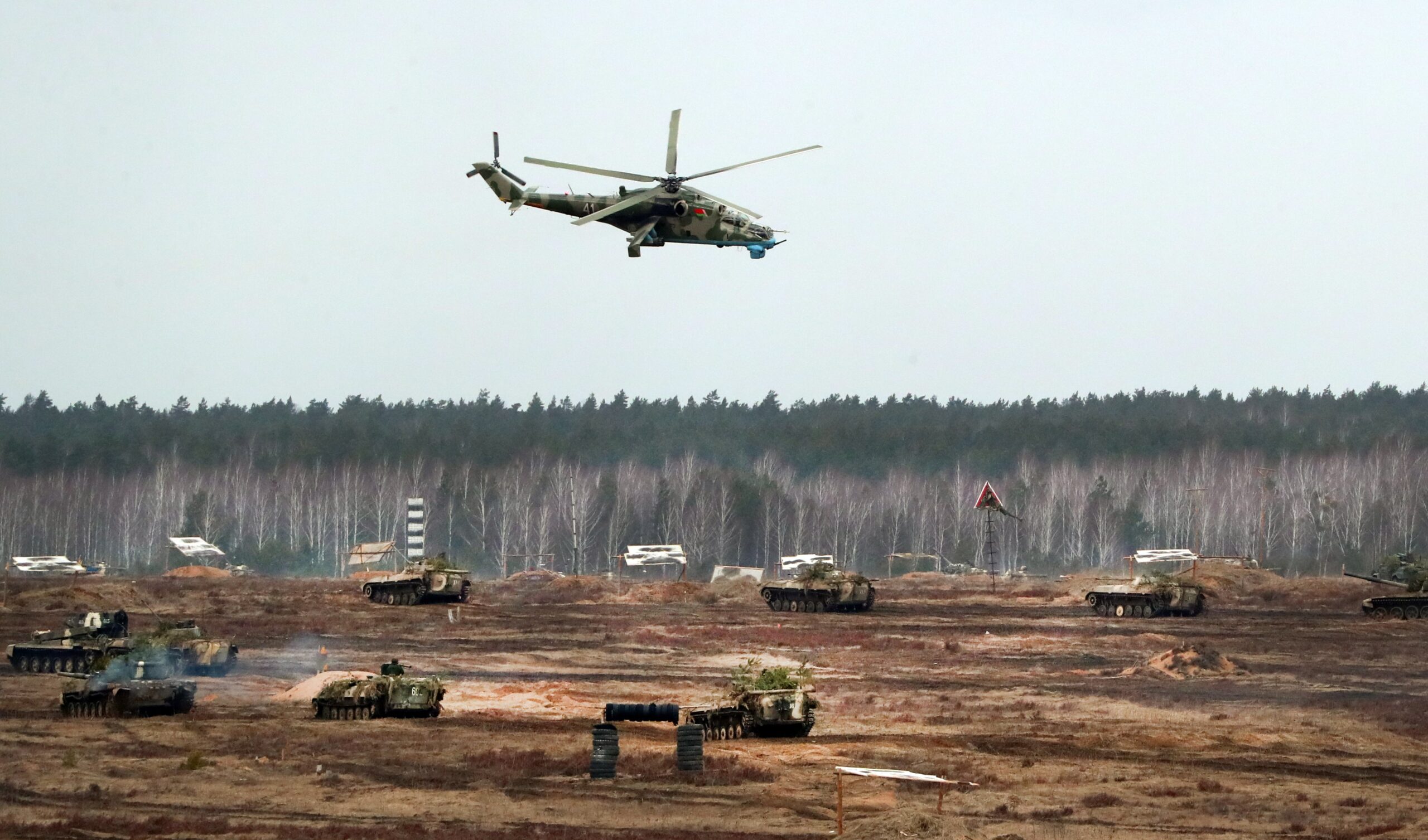 In a photo that emphasizes the close military relationship between Moscow and Minsk, Russian and Belarusian troops take part in Exercise Allied Resolve 2022, in Belarus. <em>Photo by Henadz Zhinkov/Xinhua via Getty Images</em>