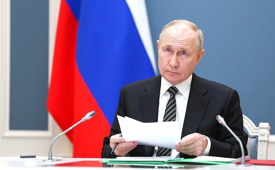 President Vladimir Putin attends a drill by Russian nuclear forces against the possibility of a nuclear attack via video conference in Moscow, Russia on October 25, 2023. <em>Photo by Kremlin Press Office/Handout/Anadolu via Getty Images</em>