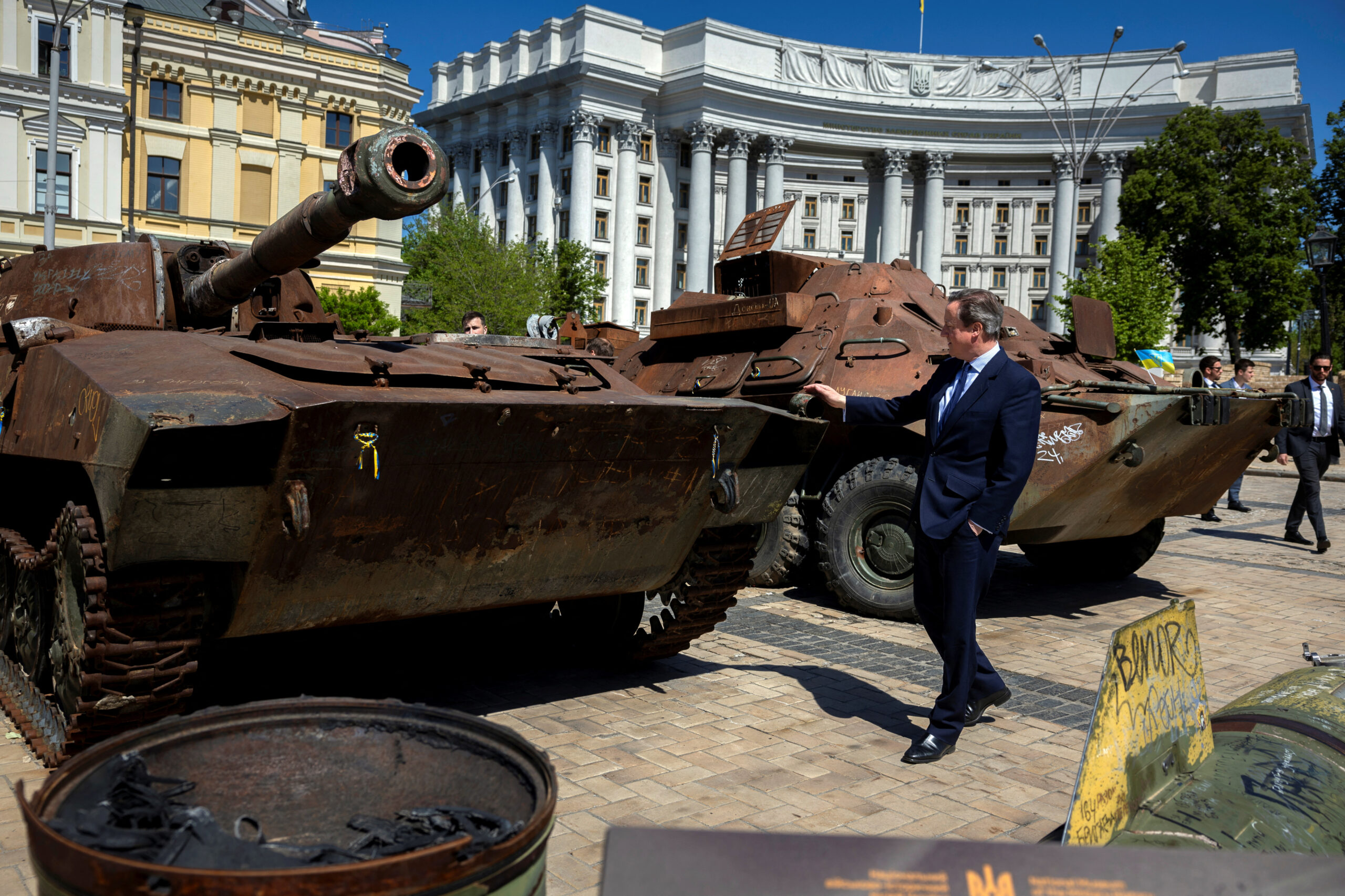 U.K. Foreign Secretary David Cameron walks past a display of destroyed Russian military vehicles in Saint Michael’s Square, Kyiv, on May 2, 2024. <em>Photo by Thomas Peter-Pool/Getty Images</em>