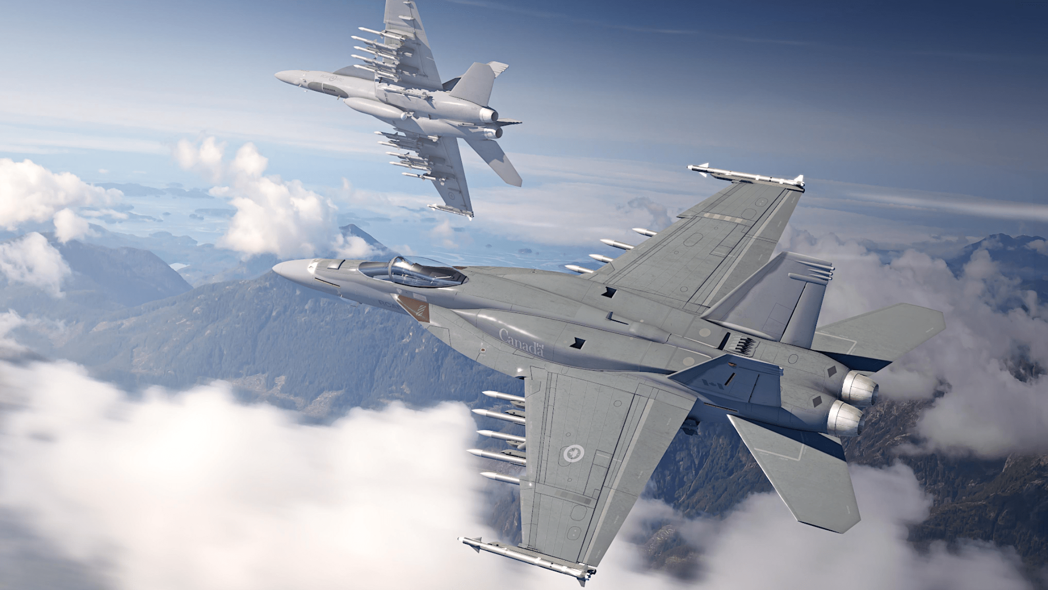 An artist’s conception of a Boeing F/A-18E/F in Royal Canadian Air Force service, armed with 14 air-to-air missiles (12 AMRAAMs and two Sidewinders).&nbsp;<em>Boeing</em>