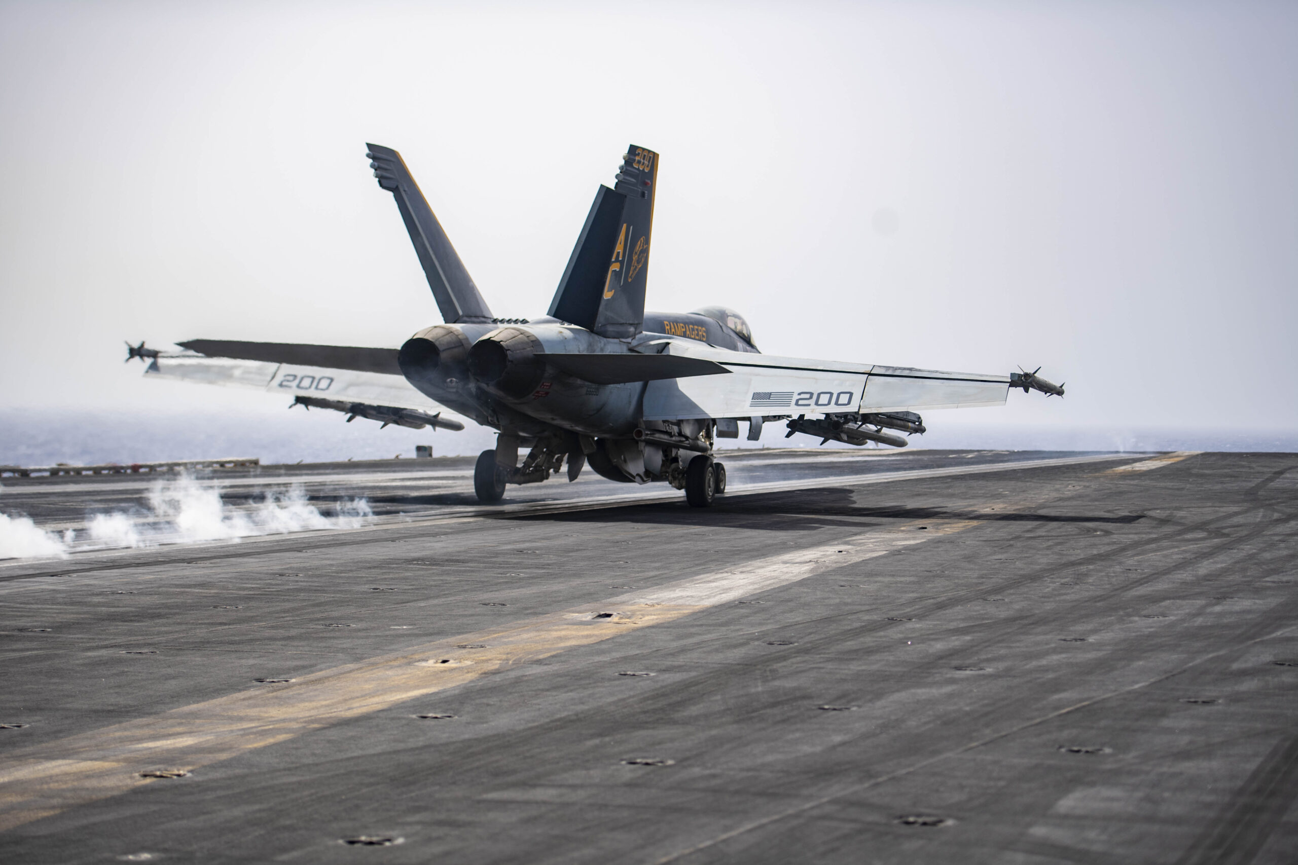 An F/A-18E, attached to VFA-83, launches from the flight deck of the USS <em>Dwight D. Eisenhower</em> in the Red Sea, on April 19. <em>Official U.S. Navy photo</em>