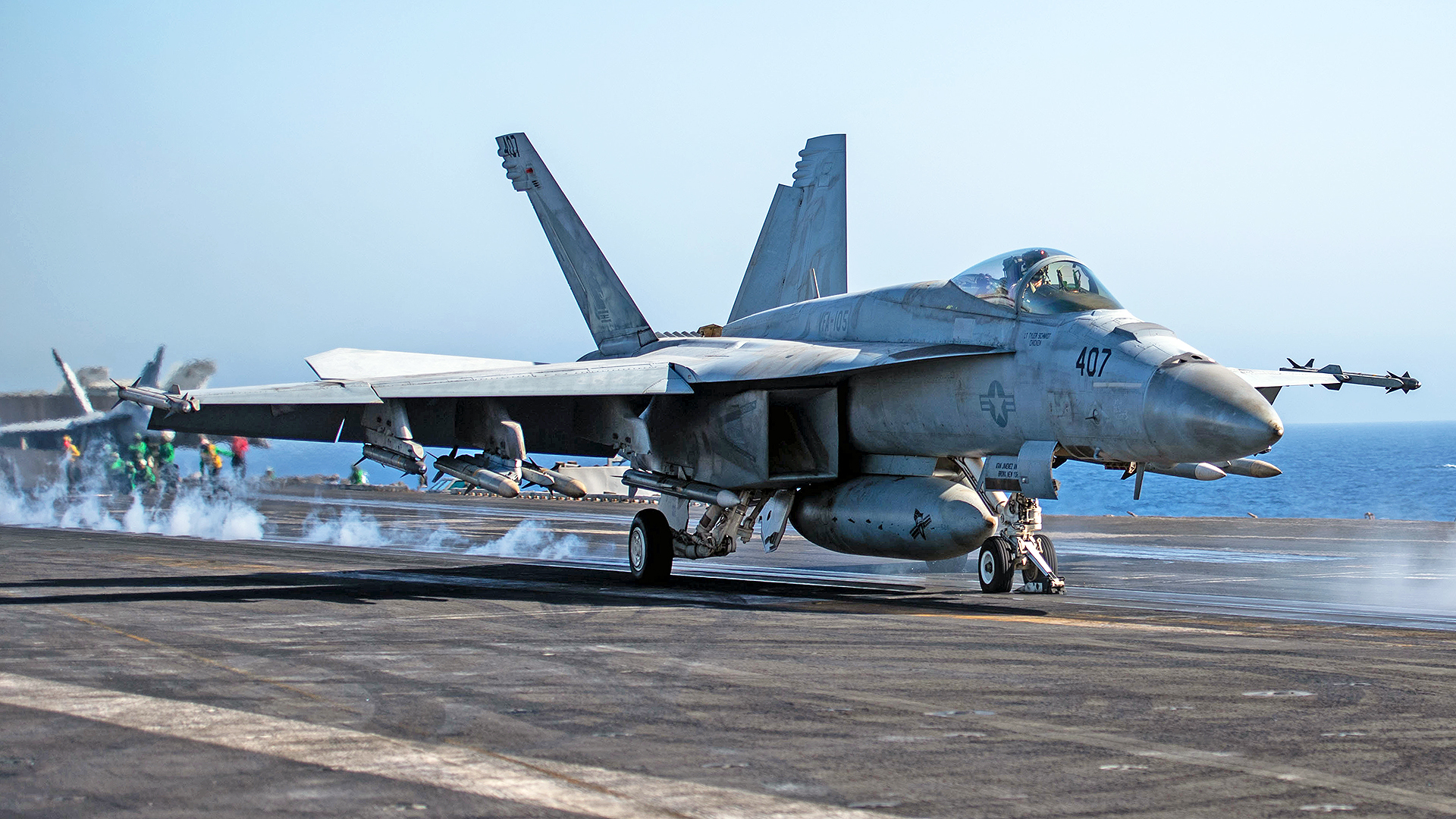 240420-N-HE057-1374 RED SEA (April 20, 2024)  An F/A-18E Super Hornet, attached to the "Gunslingers" of Strike Fighter Squadron (VFA) 105, launches off the flight deck during flight operations aboard the <em>Nimitz</em> class aircraft carrier USS <em>Dwight D. Eisenhower</em> (CVN 69) in the Red Sea, April 20. The Dwight D. Eisenhower Carrier Strike Group is deployed to the U.S. 5th Fleet area of operations to support maritime security and stability in the Middle East region. (Official U.S. Navy photo)
