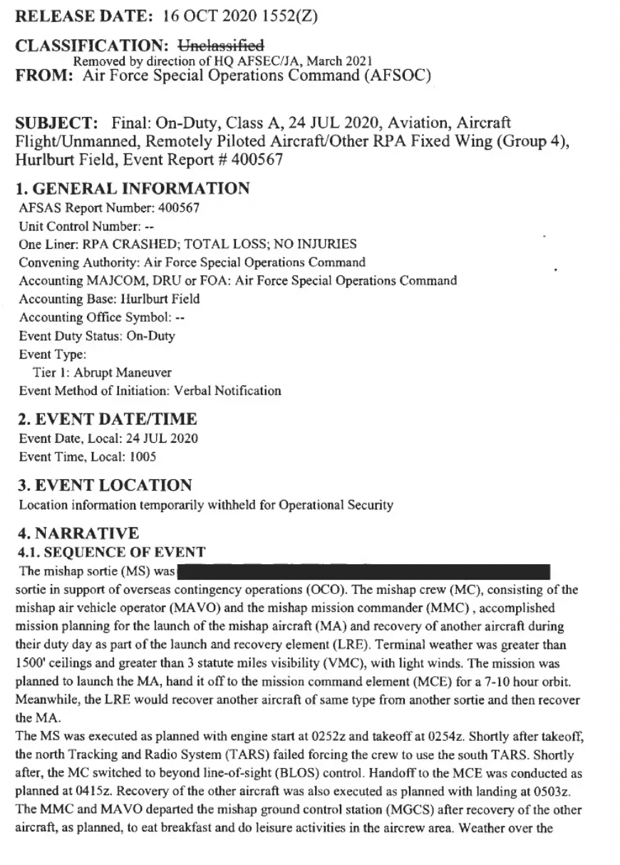A portion of the accident report regarding the crash of a LEAP aircraft in Iraq in July 2020.&nbsp;<em>U.S. Air Force via FOIA</em>