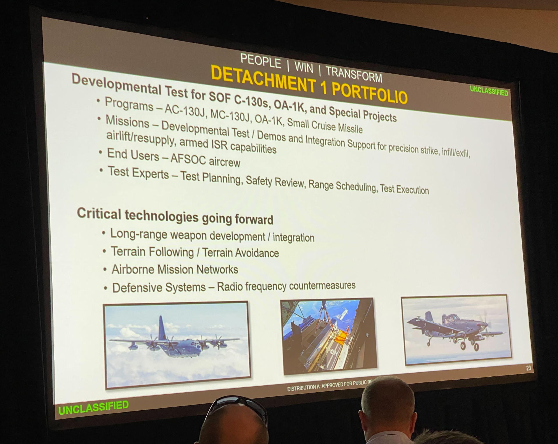 A picture of a briefing slide containing the image from the Small Cruise Missile Test that was shown at the SOF Week conference today. <em>Jamie Hunter</em>