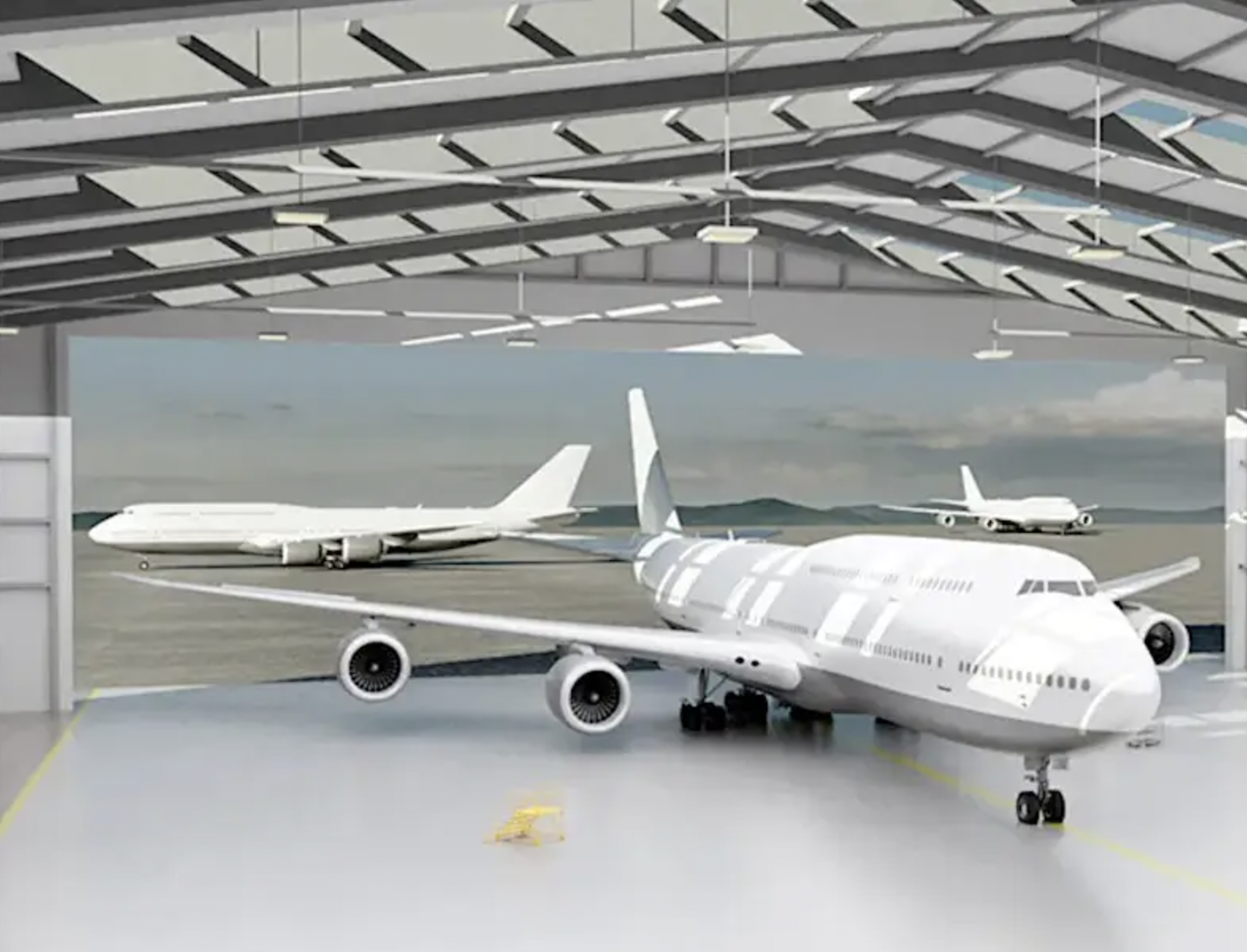 A rendering of 747-8s inside and outside the new SNC hangar in Dayton, Ohio.&nbsp;<em>SNC</em>