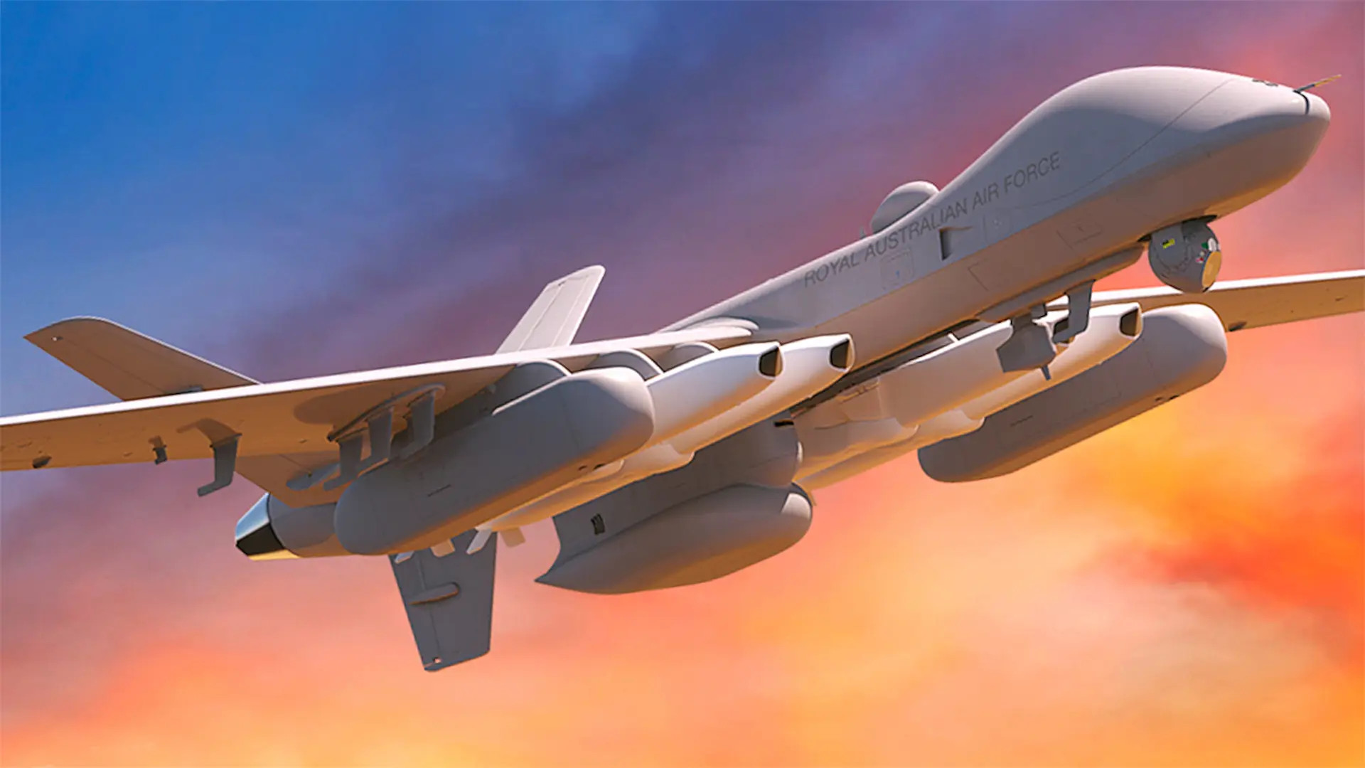 A rendering depicting an MQ-9 Reaper in Royal Australian Air Force markings carrying four Joint Strike Missile (JSM) cruise missiles, as well as other stores. <em>General Atomics</em>