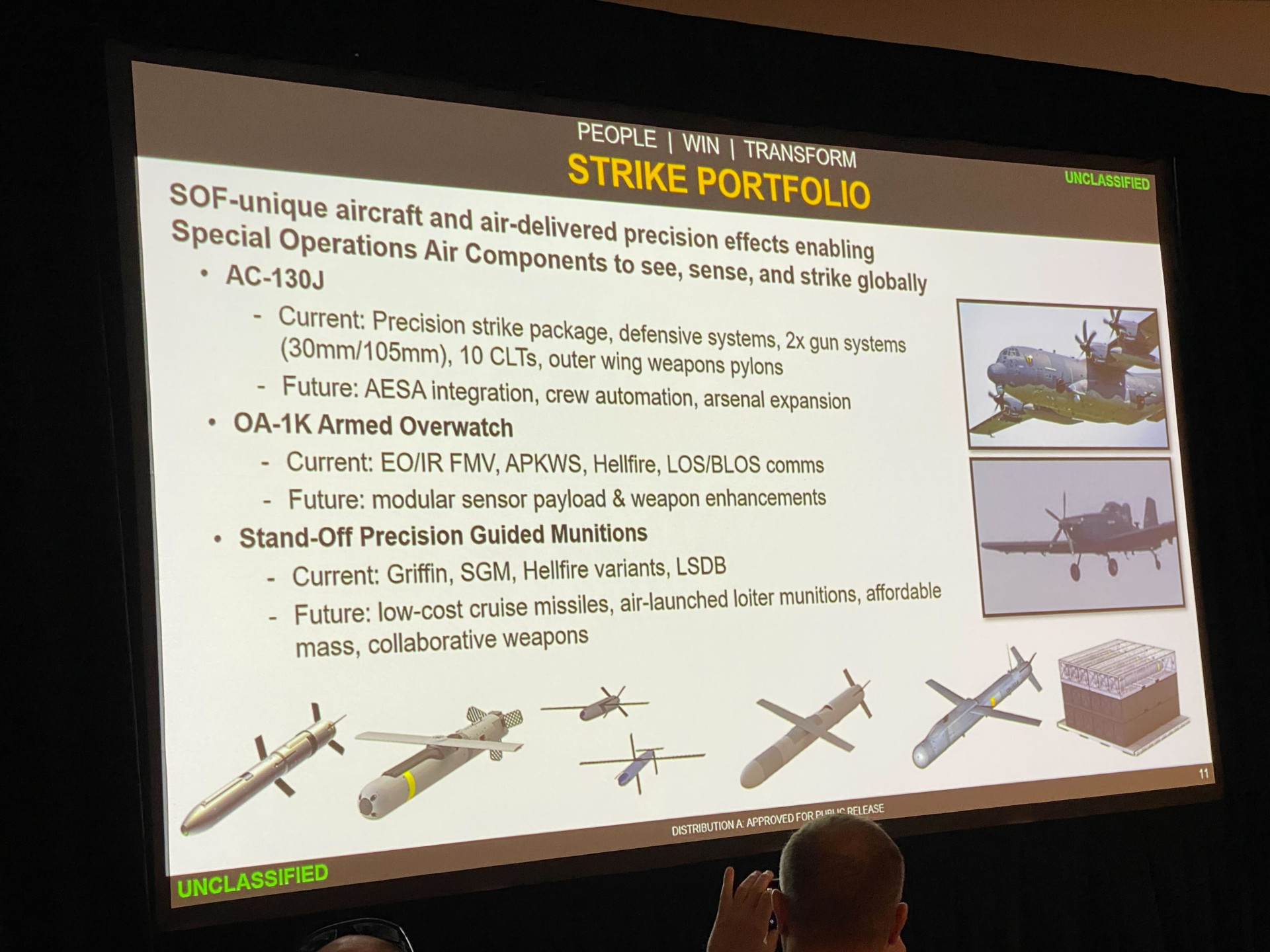 A picture of another briefing slide shown today at SOF Week discussing current and future SOPGM munitions and other elements of SOCOM's fixed-wing strike portfolio. <em>Jamie Hunter</em>