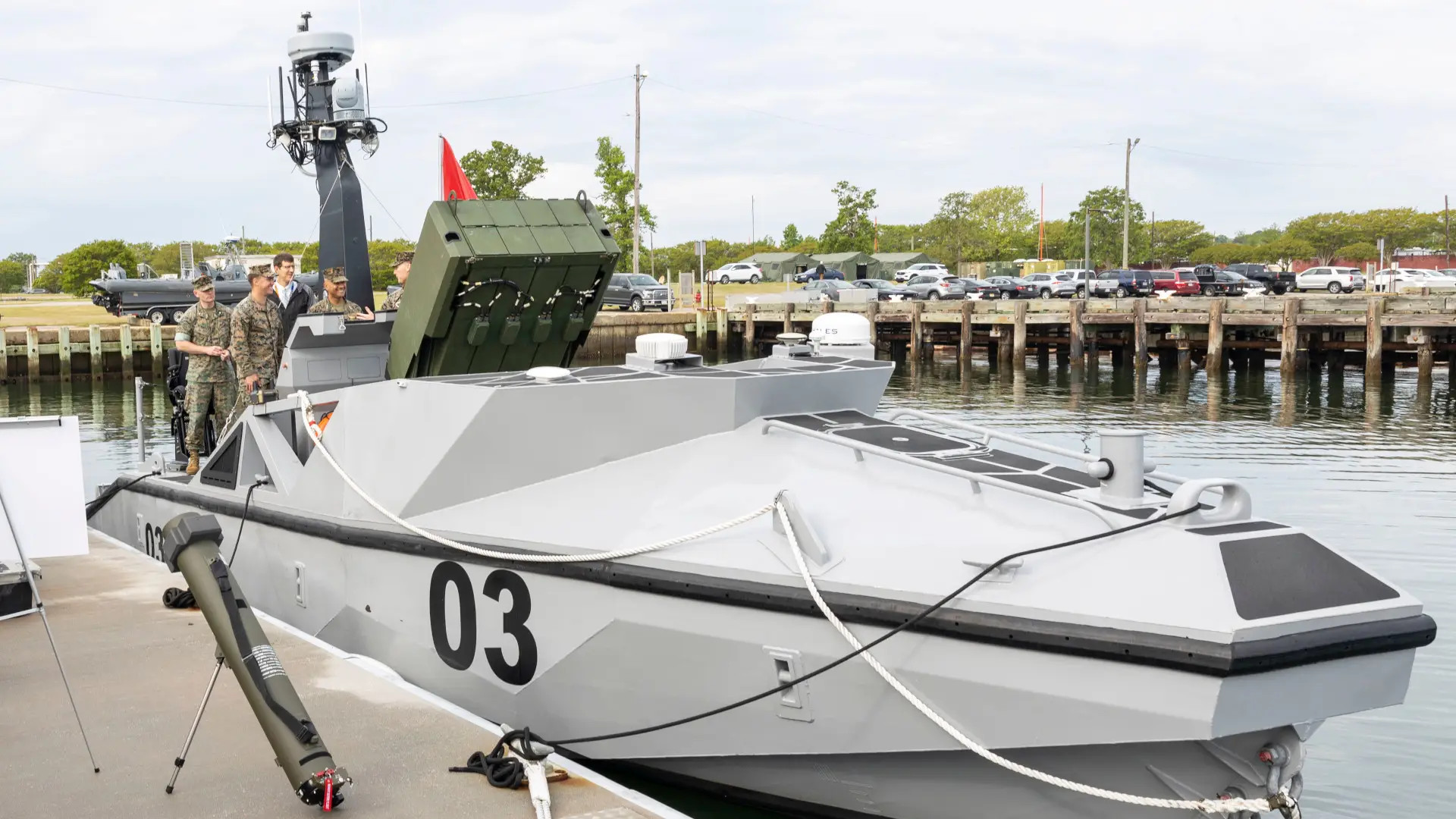 A US Marine Corps LRUSV drone boat with an eight-round launcher for Hero-120 loitering munitions. <em>USMC</em>