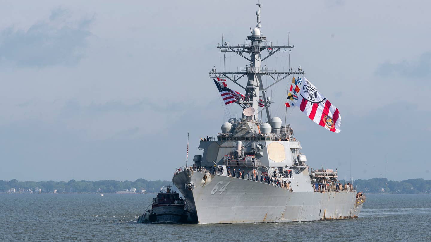 The Arleigh Burke-class destroyer USS Carney (DDG 64) visits Naval Station Norfolk following a seven-month deployment, May 10. Throughout the ship’s seven-month deployment to the U.S. 5th and 6th Fleet areas of operations, Carney successfully destroyed Houthi-launched weapons, including land attack cruise missiles, anti-ship ballistic missiles, and unmanned systems.