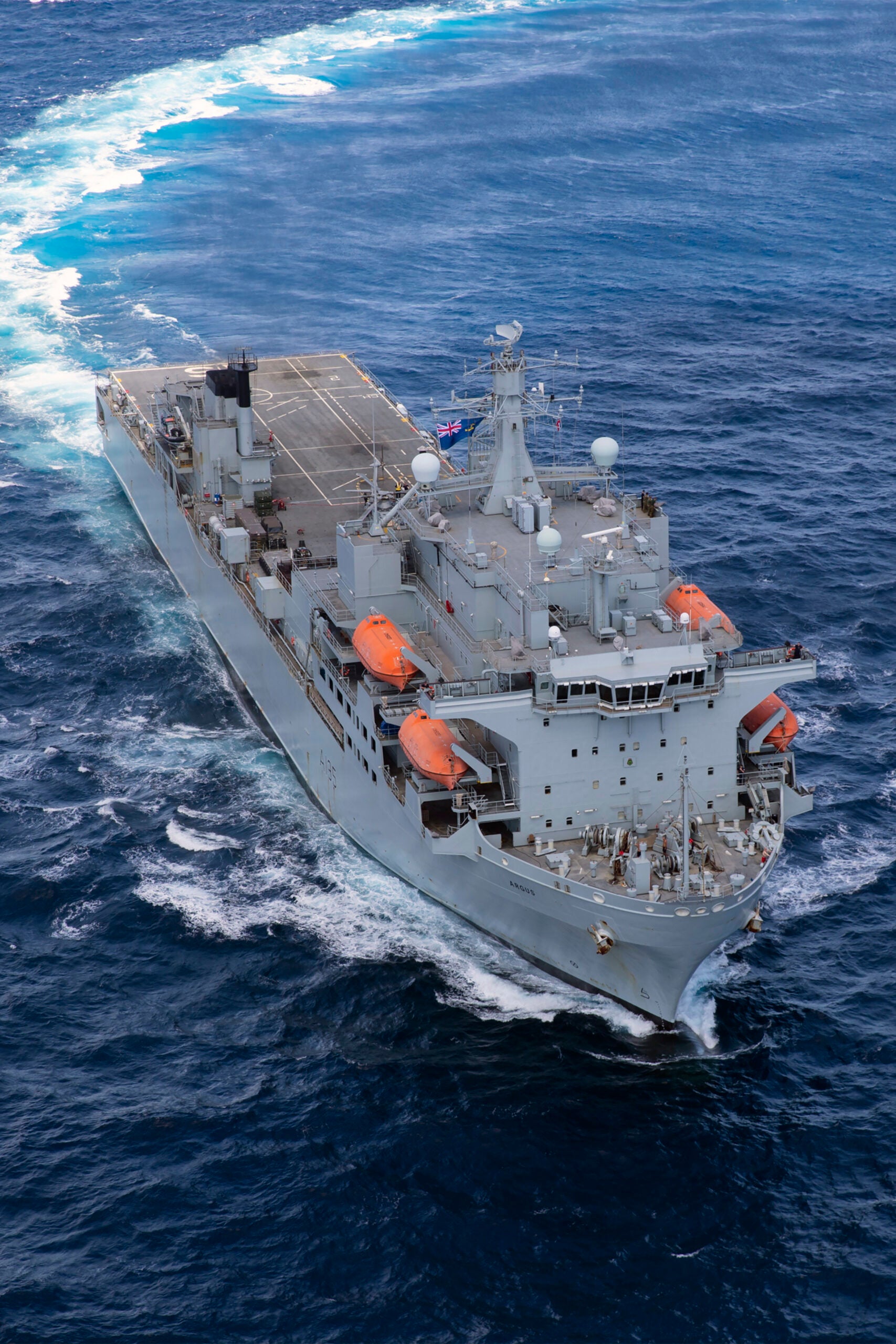 Pictured is RFA Argus in the Caribbean Sea, summer 2020.

The principal role of RFA Argus (A135) is to serve as a Primary Casualty Receiving Ship. She has a fully equipped 100-bed medical complex on board, which includes an emergency department, resuscitation and surgical facilities, and a radiology suite complete with a CT scanner.  
 
The personnel of RFA Argus boast more than 40 different medical and surgical specialities and are drawn from the MOD Hospital Units and Royal Marines Band Service.