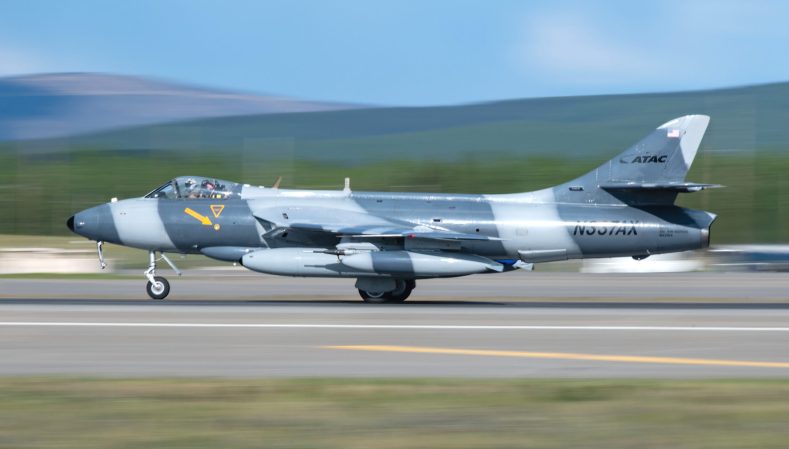 A Hawker Hunter takes off during Northern Edge, May 20, 2019, from Eielson Air Force Base, Alaska. Northern Edge is an exercise showcasing the lethality of joint forces and the capabilities of U.S. forces in and around the Indo-Pacific region.