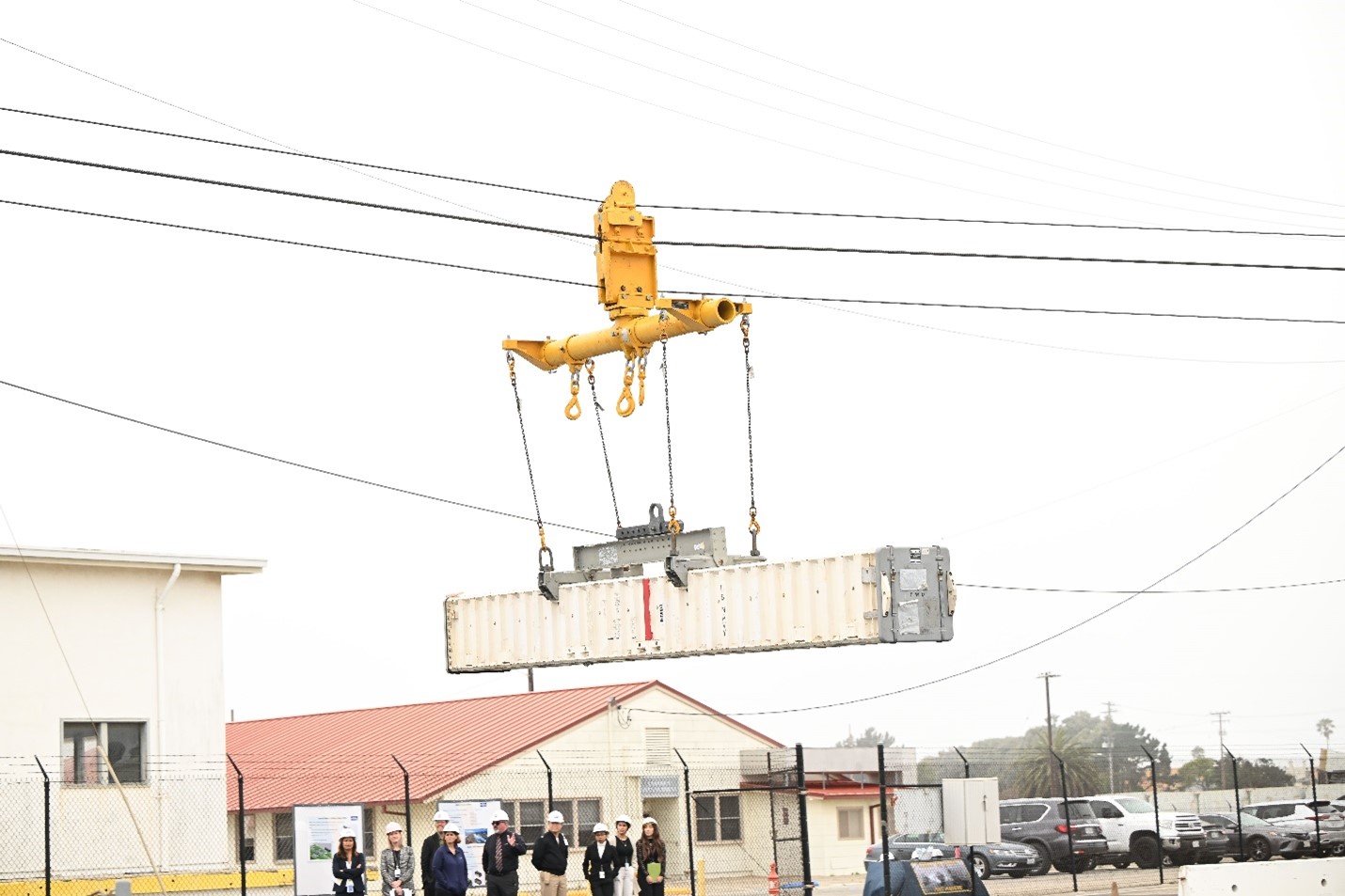 A missile canister travels along cables during a demonstration of the U.S. Navy’s Transferrable Rearming Mechanism on July 10 at Naval Surface Warfare Center, Port Hueneme Division’s Underway Replenishment Test Site. (U.S. Navy photo by Dana Rene White/released)