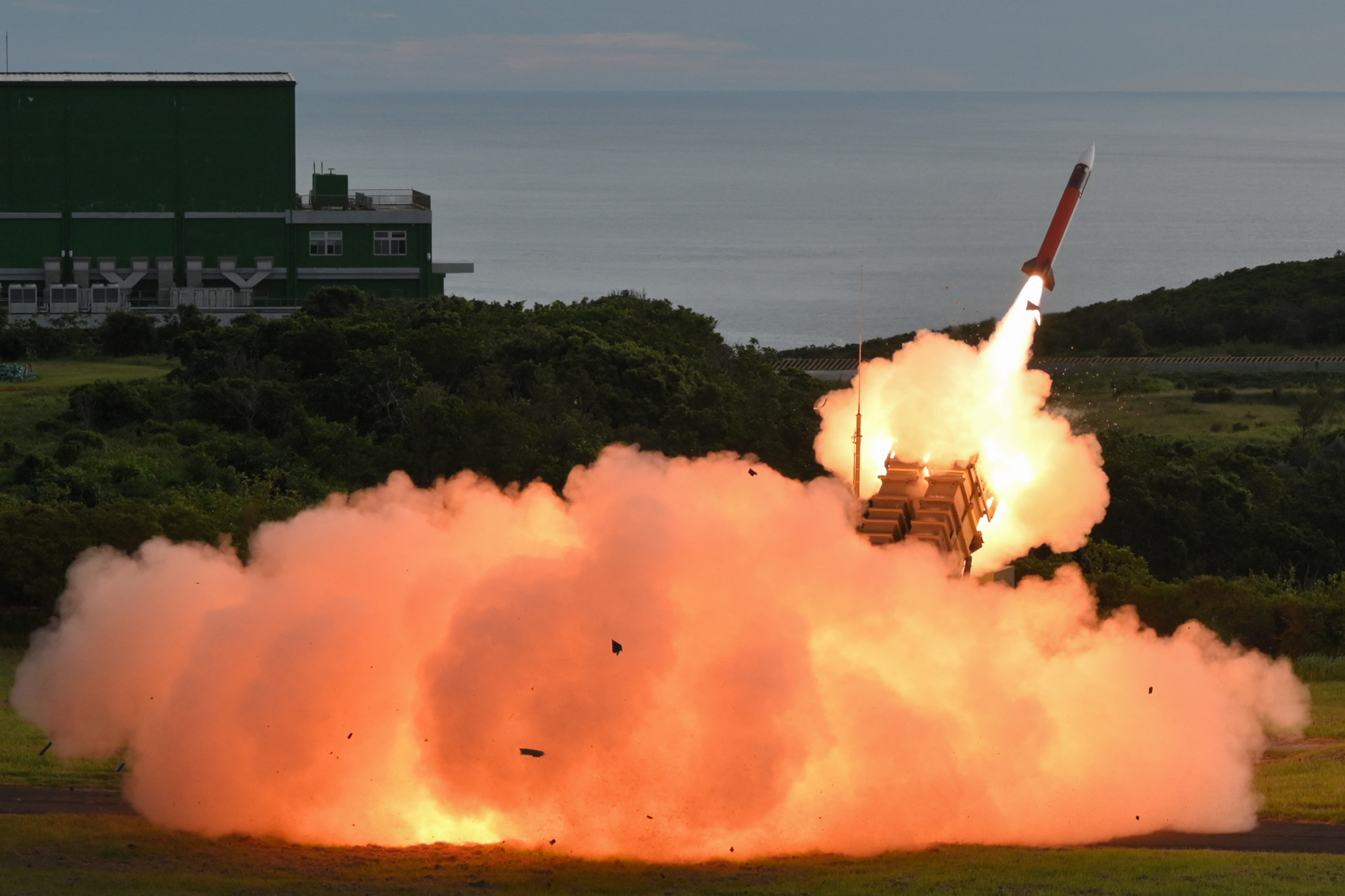 TOPSHOT - An US-made MIM-104 Patriot surface-to-air missile is launched during a live fire exercise at the Chiupeng missile base in Pingtung county on August 20, 2024. (Photo by Sam Yeh / AFP) (Photo by SAM YEH/AFP via Getty Images)