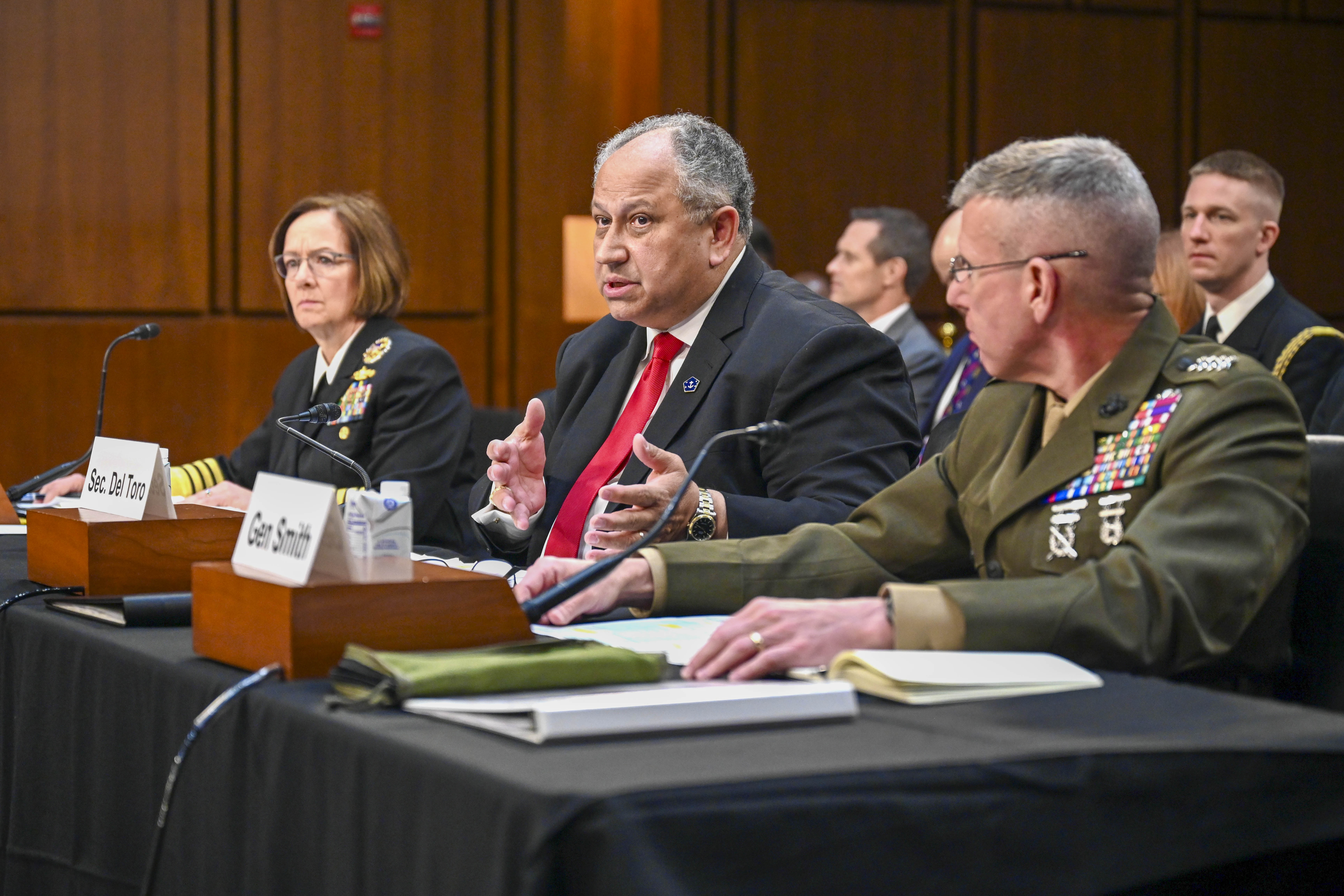 WASHINGTON D.C. (May 16, 2024) Secretary of the Navy Carlos Del Toro testifies to the Senate Armed Services Committee on posture and Fiscal Year 2025, May 16, 2024. (U.S. Navy photo by Mass Communication Specialist 2nd class Jared Mancuso)