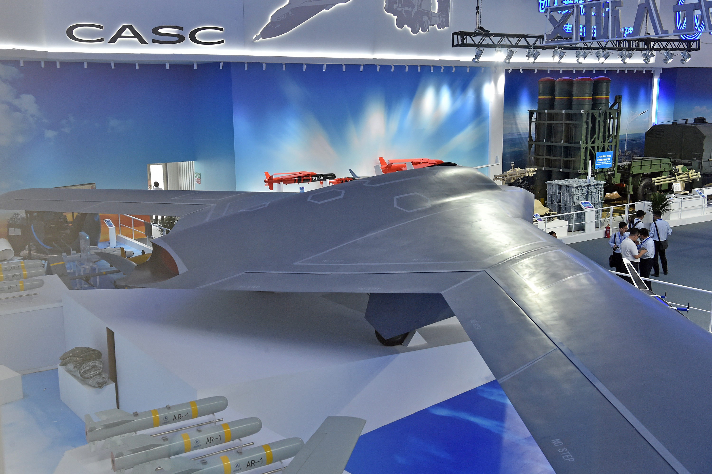 ZHUHAI, Nov. 7, 2018 -- Photo taken on Nov. 5, 2018 shows a full-size model of CH-7 drone exhibited at the 12th China International Aviation and Aerospace Exhibition in Zhuhai, south China's Guangdong Province. The average annual growth rate of the global unmanned aircraft system industry will maintain at over 20 percent, and its cumulative output value will exceed 400 billion U.S. dollars in 10 years, according to a white paper released Tuesday. (Xinhua/Liang Xu) (Xinhua/Liang Xu via Getty Images)