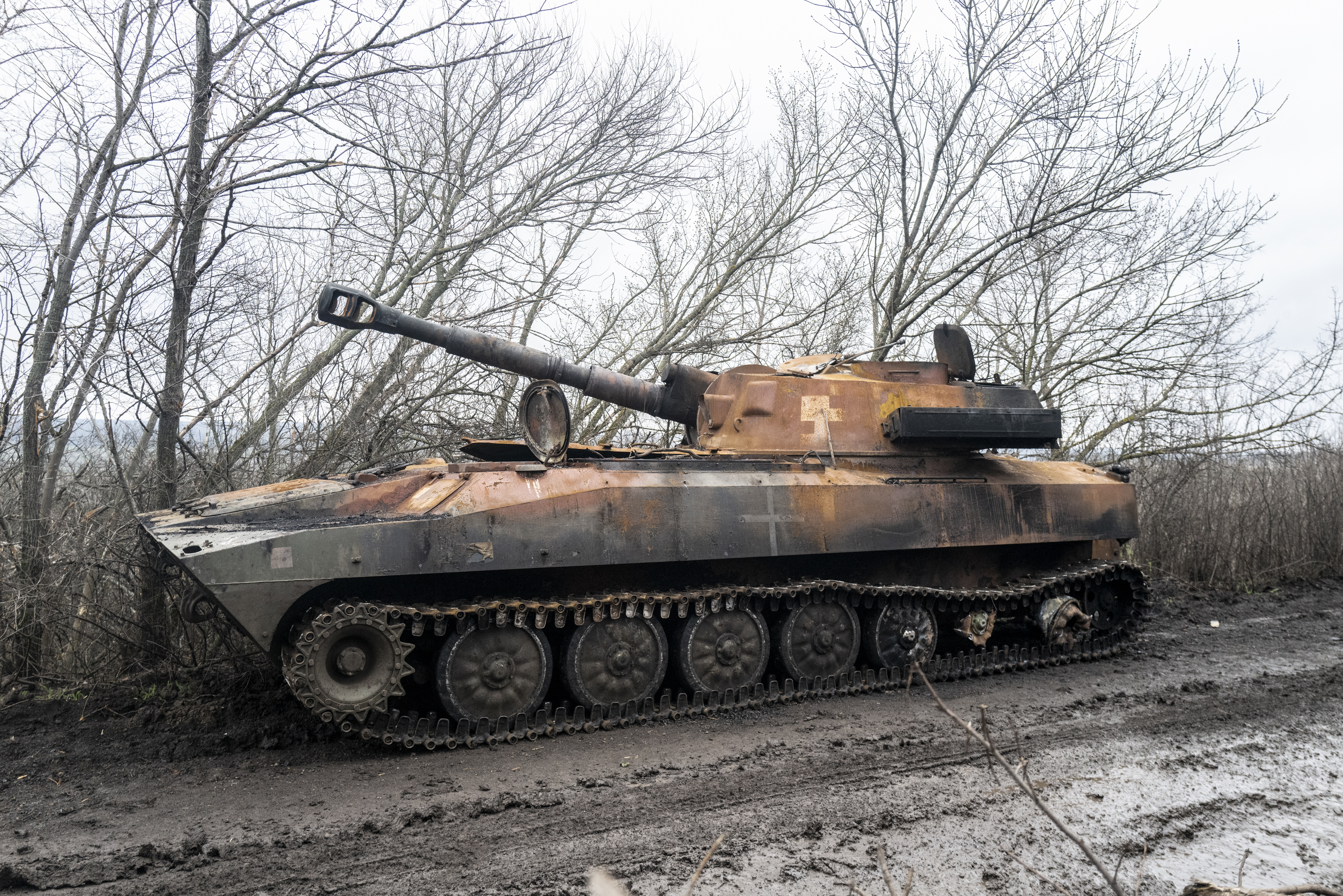 SIVIERSK, UKRAINE - MARCH 20 : A destroyed tank is seen in Siversk, Ukraine close to front line on March 20, 2023 as Russian-Ukrainian war continues. (Photo by Marek M. Berezowski/Anadolu Agency via Getty Images)