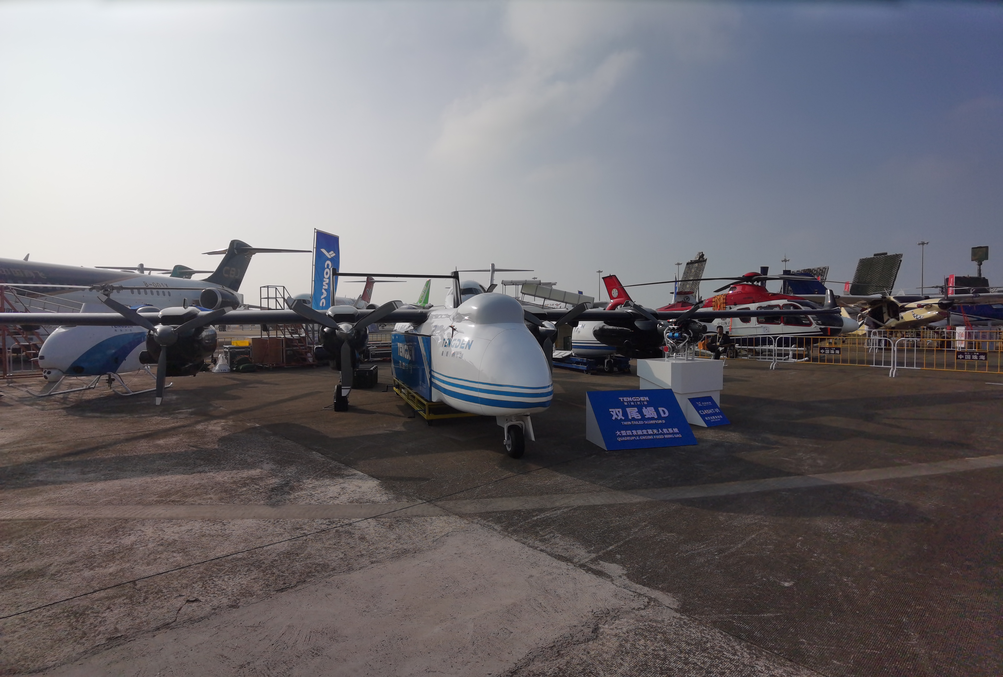 ZHUHAI, CHINA - NOVEMBER 12: Twin-tailed Scorpion-D drone is on display at the Zhuhai International Air Show Center during the Airshow China 2024 on November 12, 2024 in Zhuhai, Guangdong Province of China. The 15th China International Aviation and Aerospace Exhibition kicks off on November 12 in Zhuhai. (Photo by Jiang Jurong/VCG via Getty Images)