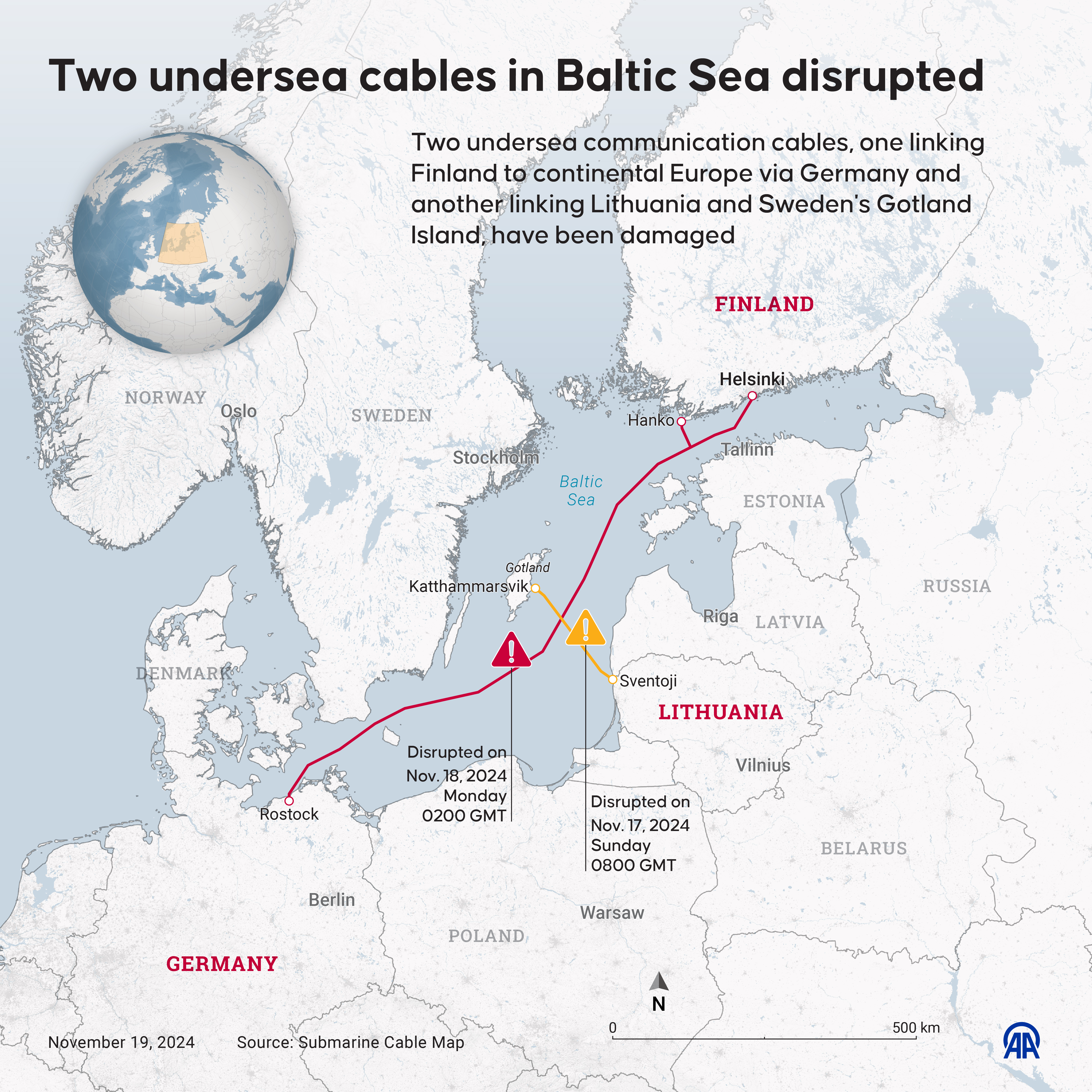 ANKARA, TURKIYE - NOVEMBER 19: An infographic titled "Two undersea cables in Baltic Sea disrupted" created in Ankara, Turkiye on November 19, 2024. Two undersea communication cables, one linking Finland to continental Europe via Germany and another linking Lithuania and Sweden's Gotland Island, have been damaged. (Photo by Murat Usubali/Anadolu via Getty Images)