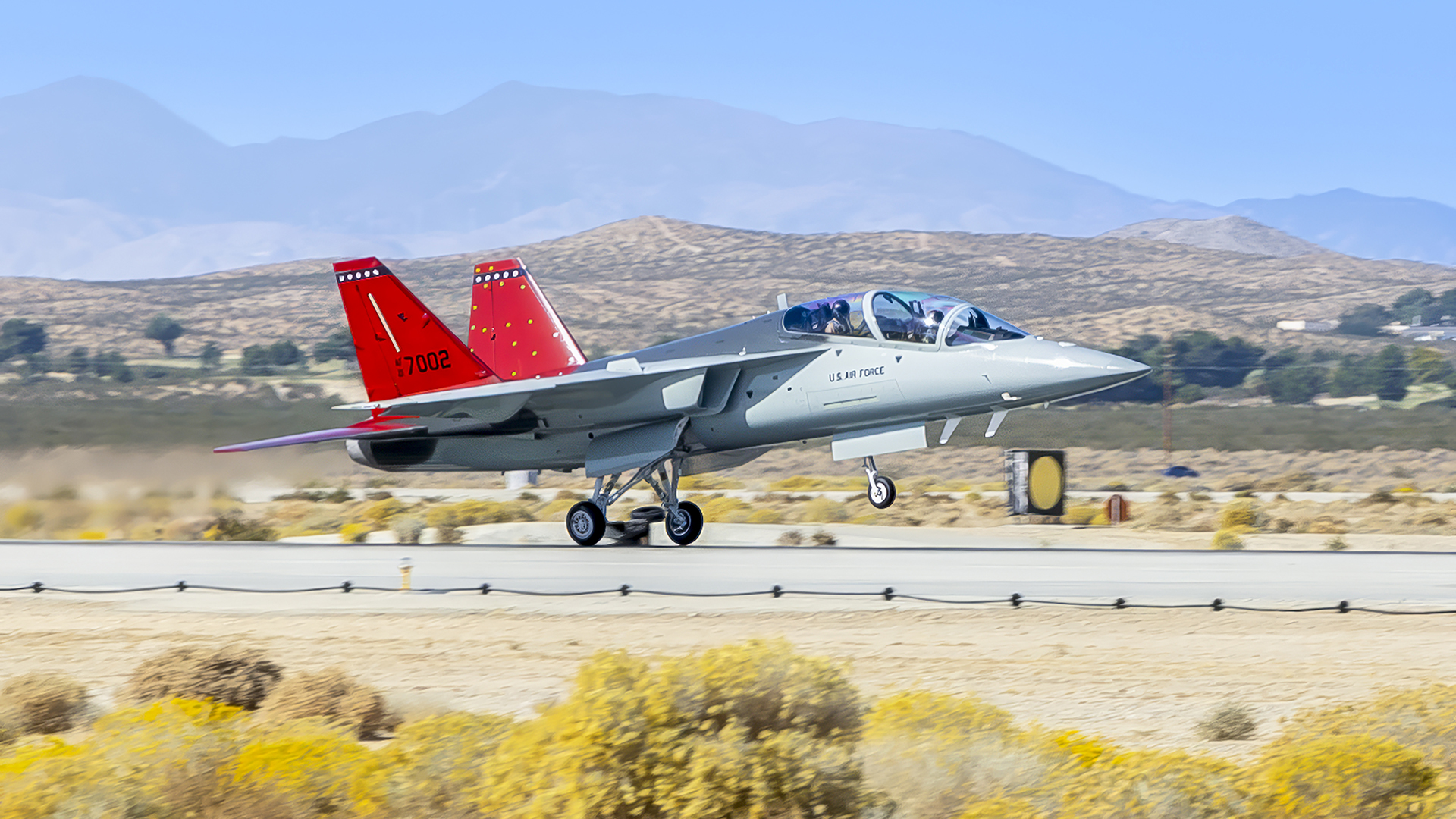The first T-7A Red Hawk arrives at Edwards Air Force Base, California, Nov. 8. The aircraft’s test campaign is being executed by the T-7A Integrated Test Force, part of the Airpower Foundations Combined Test Force in association with the 416th Flight Test Squadron. The Integrated Test Force is a partnership between the USAF and T-7A manufacturer, The Boeing Company. (Air Force photo by Todd Schannuth)