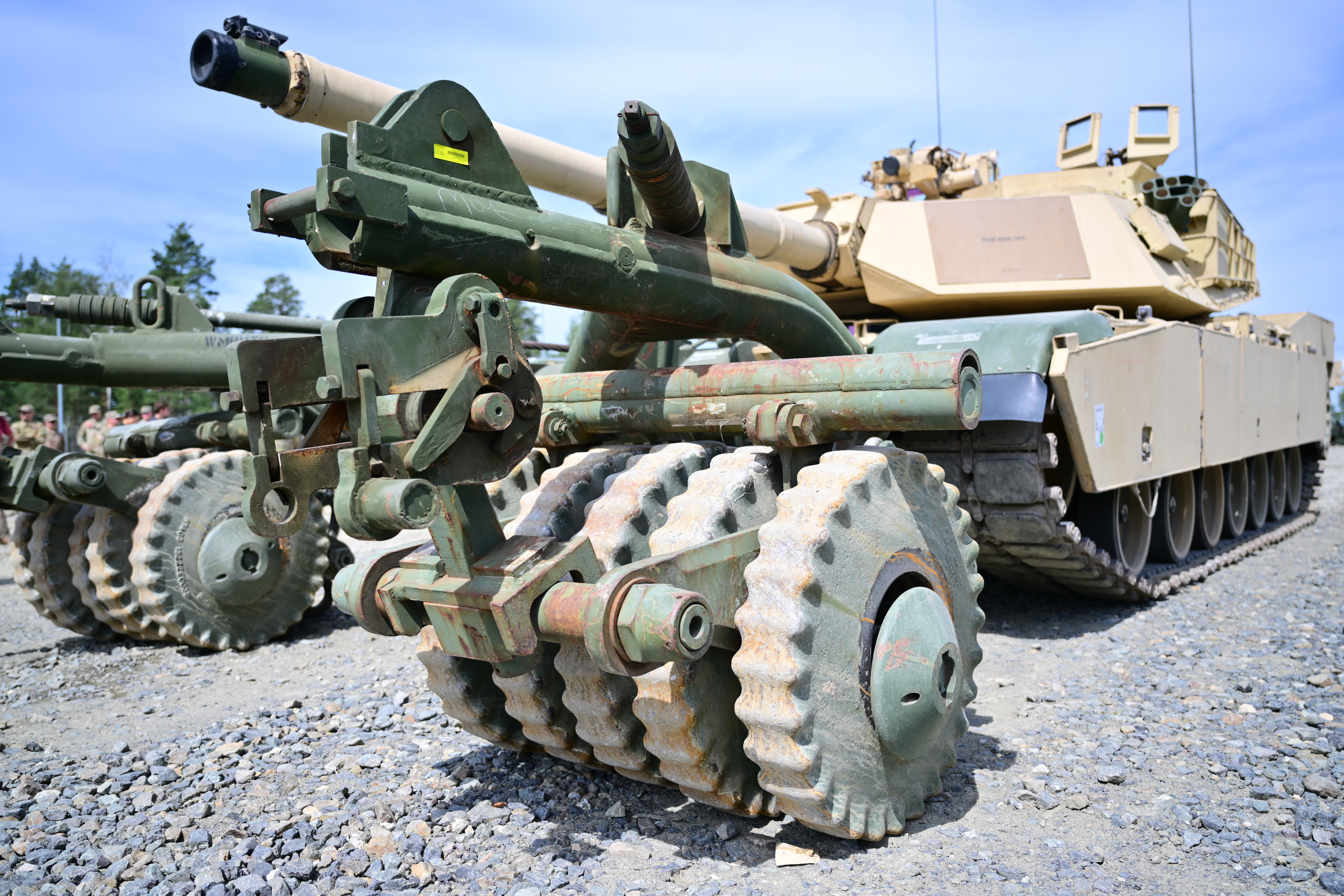14 July 2023, Bavaria, Grafenwöhr: Mine roller on a U.S. Army M1A1 Abrams tank as supplied to Ukraine. In Grafenwoehr, the US Army trains members of the Ukrainian armed forces for use on the American M1A1 Abrams tank. Photo: Matthias Merz/dpa (Photo by Matthias Merz/picture alliance via Getty Images)