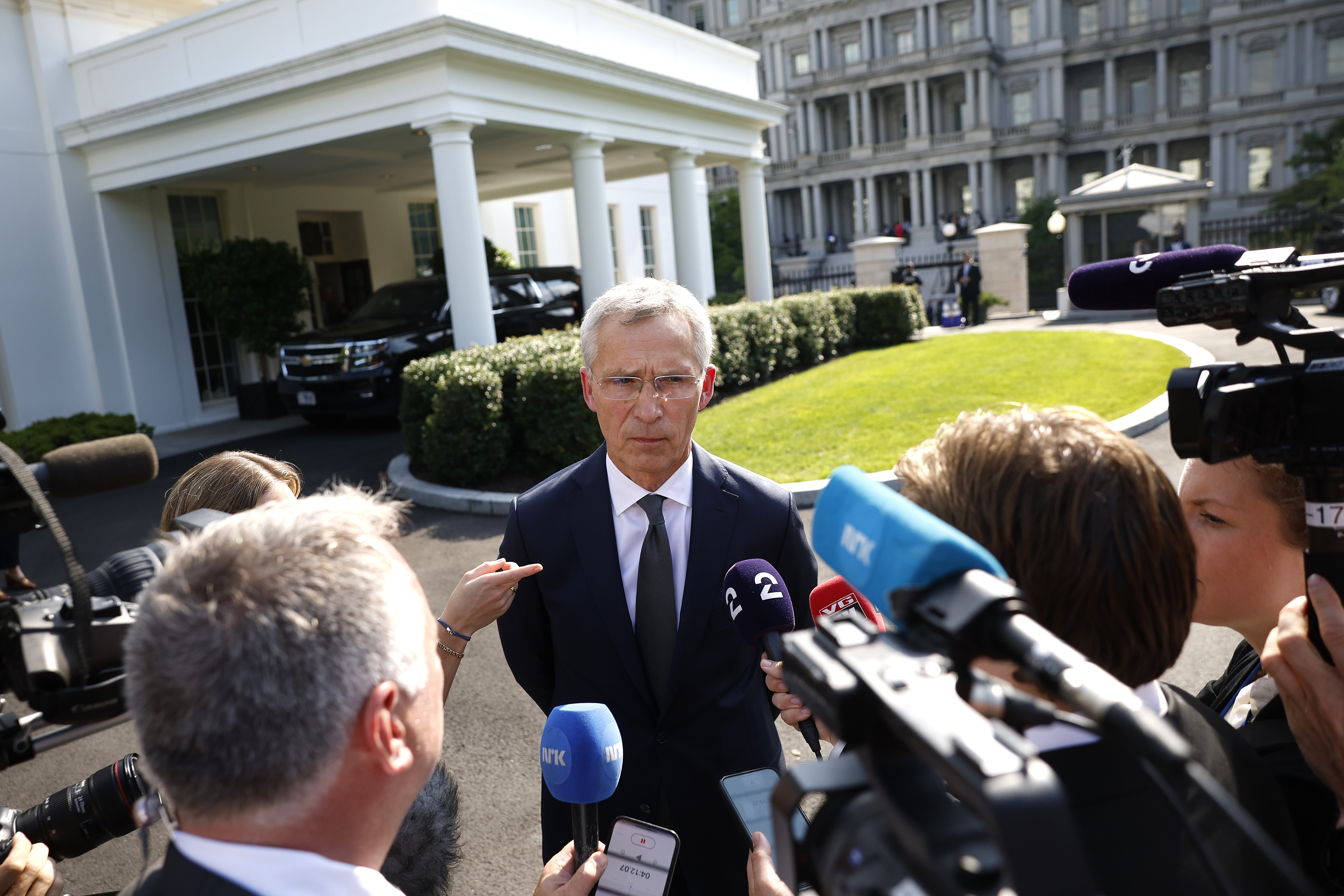 WASHINGTON, DC - JUNE 17: NATO Secretary General Jens Stoltenberg speaks to members of media after meeting with U.S. President Joe Biden at the White House on June 17, 2024 in Washington, DC. Stoltenberg is meeting with Biden and other administration officials ahead of next month’s NATO Summit hosted by the United States. (Photo by Kevin Dietsch/Getty Images)
