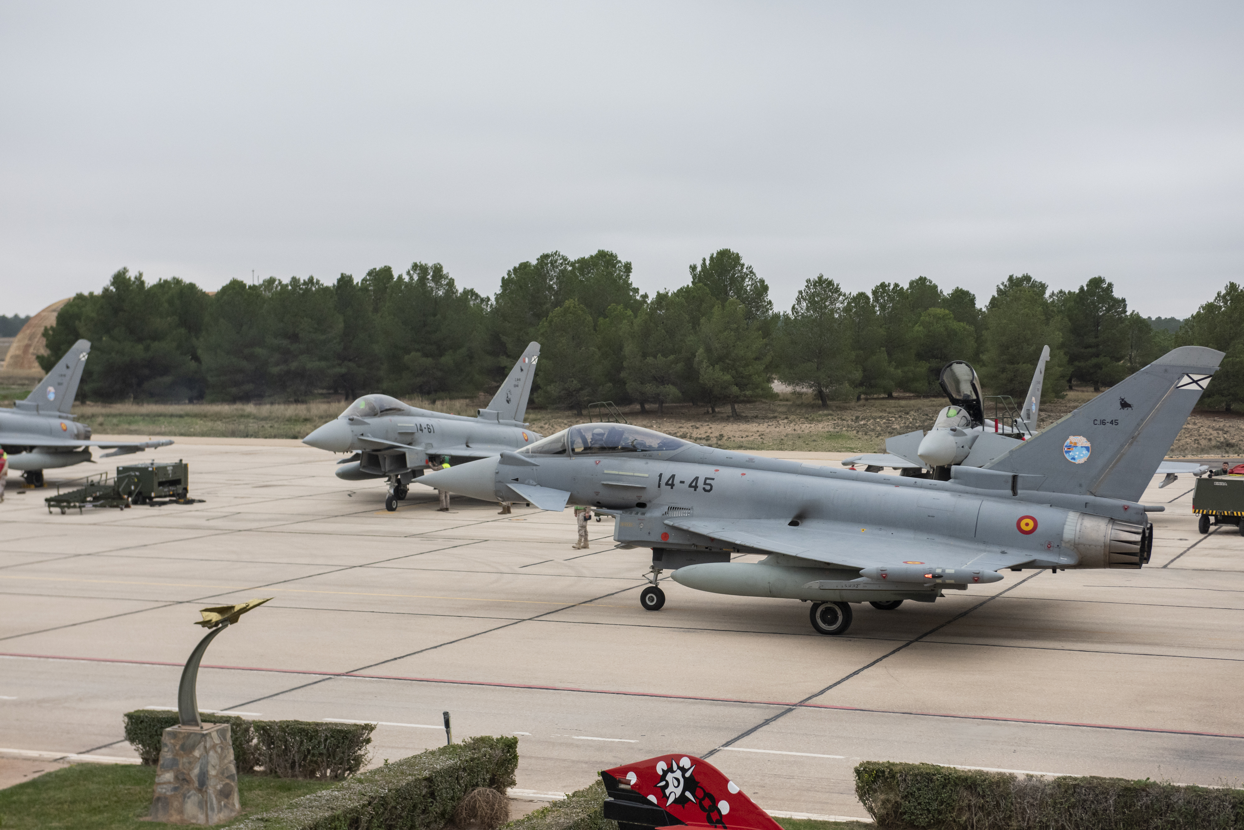 ALBACETE, SPAIN - NOVEMBER 28: Eurofighter of the 14th Wing during the farewell ceremony of the six Eurofighters of the 14th Wing heading to the Mihail Kogalniceanu Air Base in Constanta (Romania), at the main gate of the Albacete Air Base, on 28 November, 2024 in Albacete, Castilla-La Mancha, Spain. The six Eurofighters have taken off for Romania, where they will remain until March. The fighters were already in April this year performing defense and deterrence tasks on the Eastern flank of the Atlantic Alliance. (Photo By Victor Fernandez/Europa Press via Getty Images)