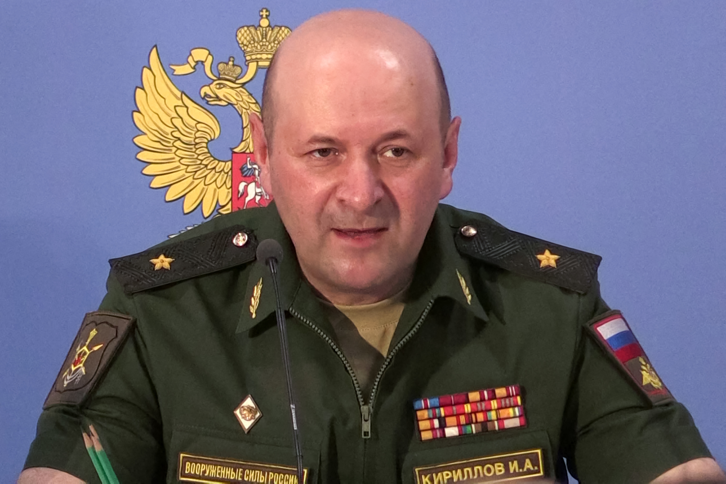 In this grab from an AFPTV footage, Igor Kirillov, head of the Russian Defence Ministry's radiological, biological and chemical protection unit, speaks at a briefing over an alleged chemical attack on the Syrian city of Douma, at the Patriot park in the Moscow region on June 22, 2018. A senior Russian military official was killed on December 17, 2024 when an explosive device hidden in a scooter went off outside a building in Moscow, officials said. (Photo by AFPTV / AFP) (Photo by AFPTV/AFP via Getty Images)