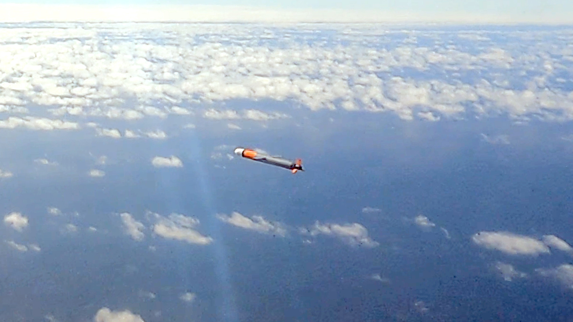 A Tomahawk Weapon System fired from HMAS Brisbane off the coast of San Diego, USA, in flight toward it's target. Screenshot from video capture.