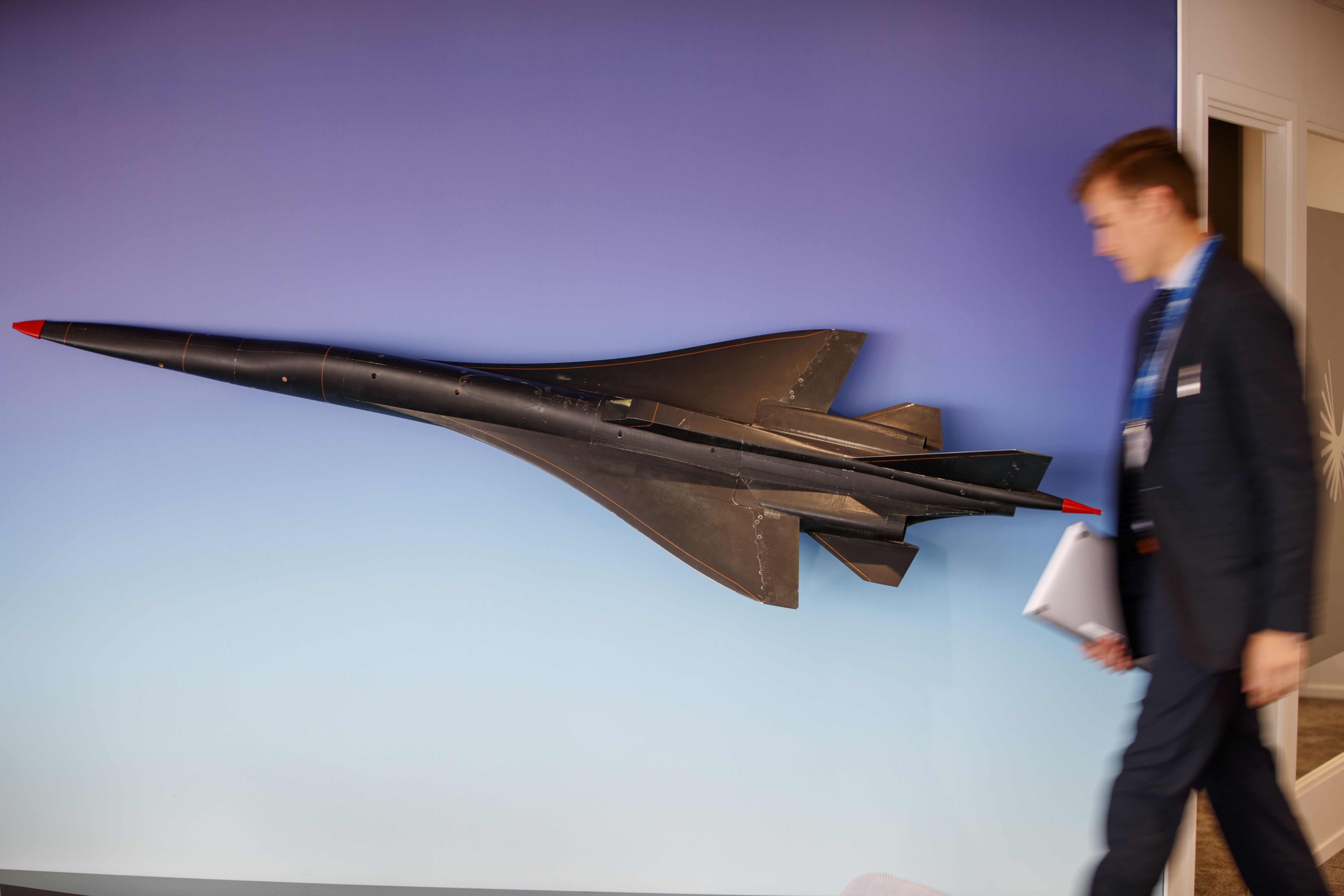 A wind tunnel model of the Boom Supersonic XB-1 is displayed at the Boom Supersonic showroom during the Farnborough Airshow, south west of London, on July 16, 2018. (Photo by Tolga AKMEN / AFP) (Photo credit should read TOLGA AKMEN/AFP via Getty Images)