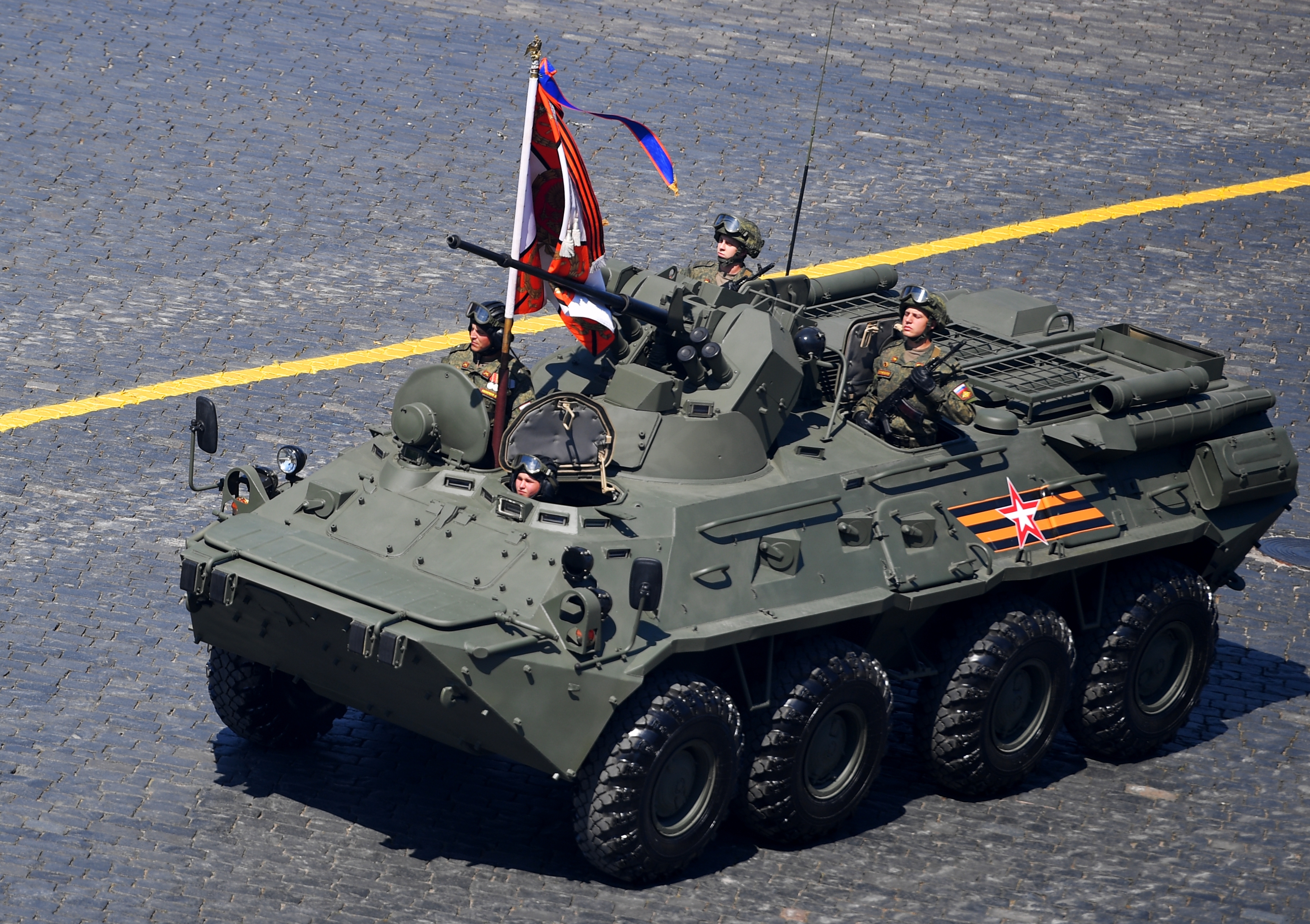 MOSCOW, RUSSIA - JUNE 24: A BTR-82A armored personnel carrier during the Victory Day military parade in Red Square marking the 75th anniversary of the victory in World War II, on June 24, 2020 in Moscow, Russia. The 75th-anniversary marks the end of the Great Patriotic War when the Nazi's capitulated to the then Soviet Union. (Photo by Vladimir Pesnya - Host Photo Agency via Getty Images )