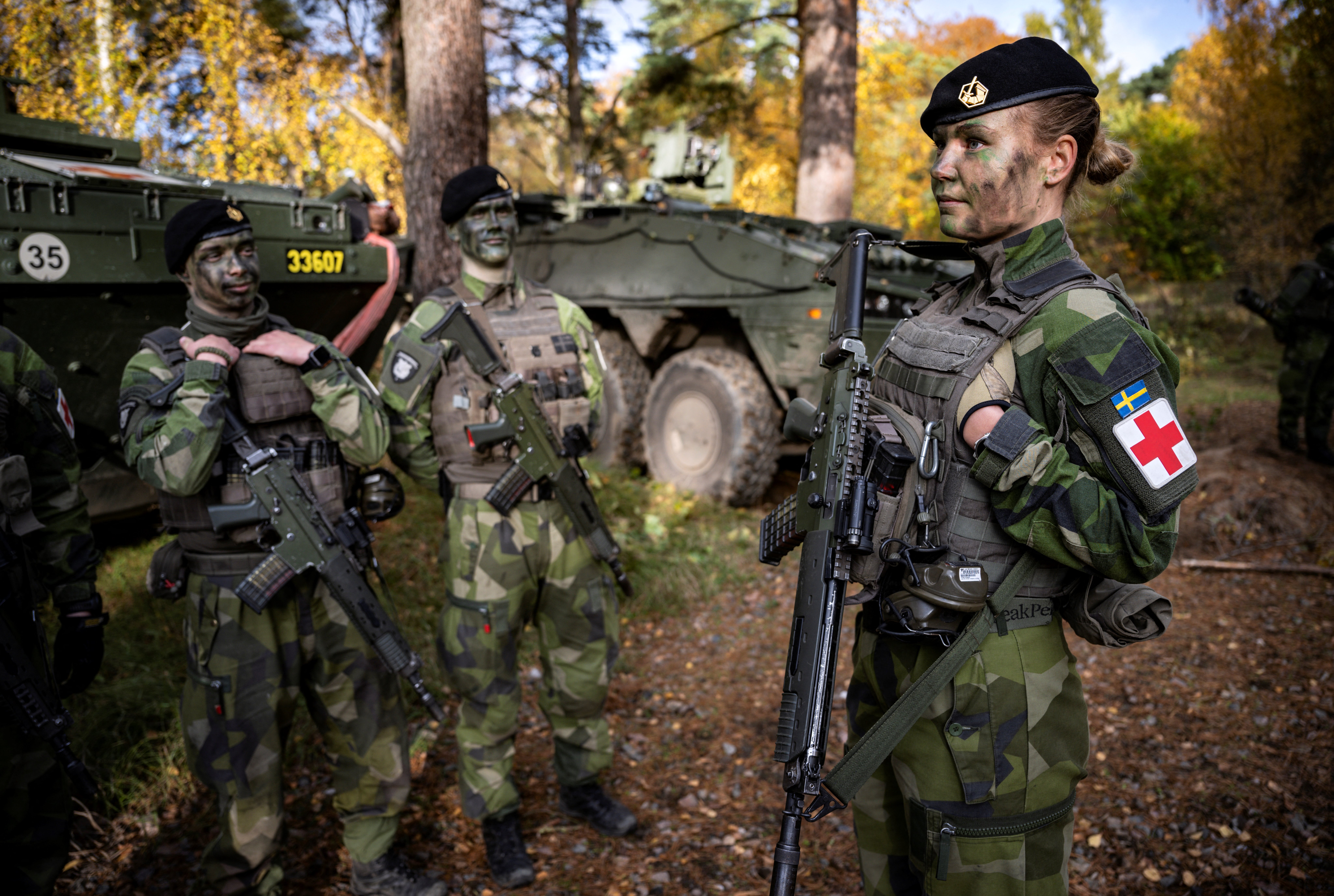 A healthcare team of the Swedish military is pictured during a press conference at the P7 military base in Revingehed, Sweden on October 24, 2024. From 2025, the P7 regiment will contribute half a battalion (about 600 soldiers and officers) to the NATO Forward Land Forces (FLF) in Latvia. FLF Latvia is under Canadian command. (Photo by Johan Nilsson/TT / TT News Agency / AFP) / Sweden OUT (Photo by JOHAN NILSSON/TT/TT News Agency/AFP via Getty Images)