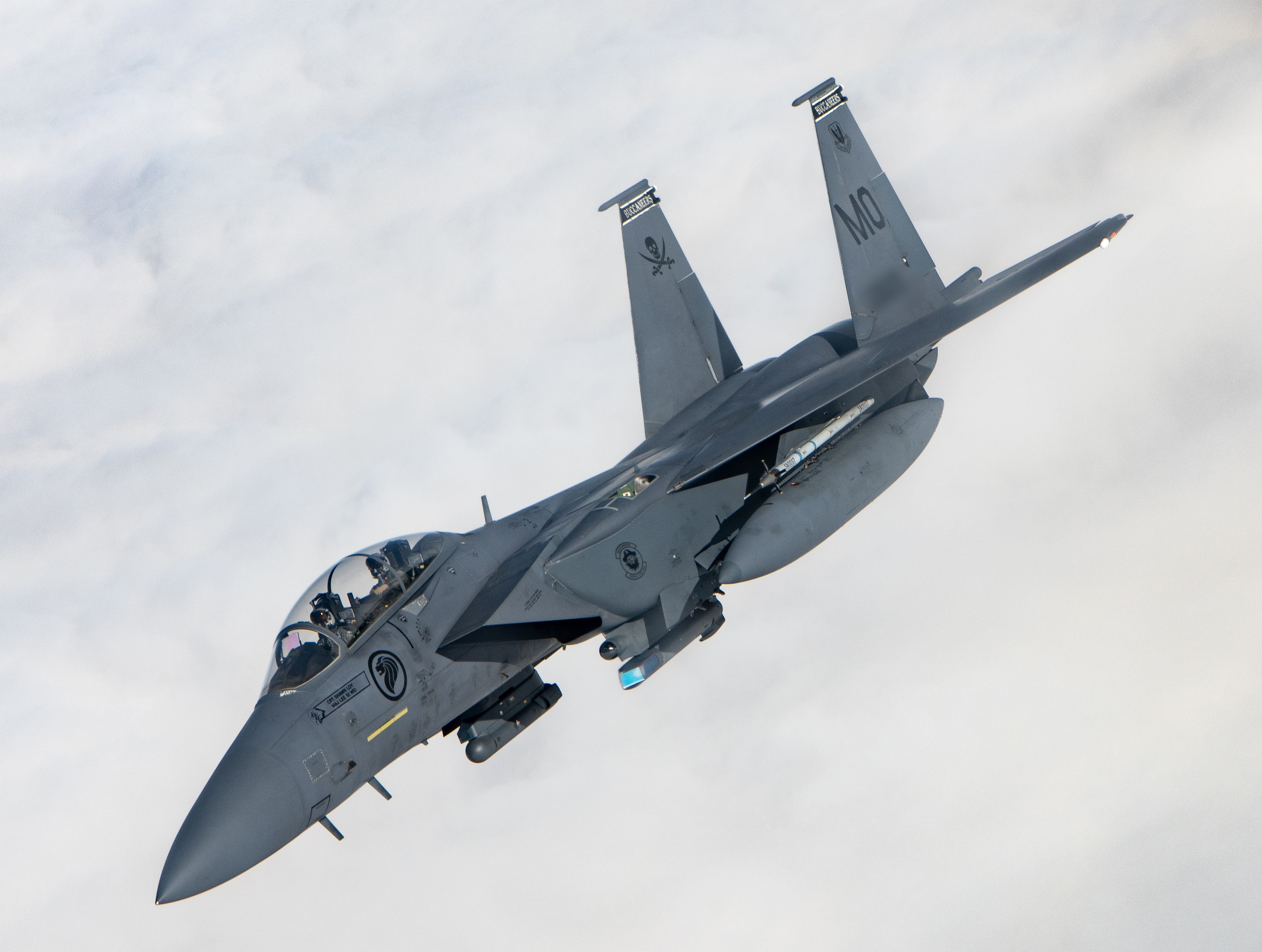 A F-15SG Strike Eagle assigned to the Republic of Singapore Air Force receives fuel from a KC-135 Stratotanker assigned to the 92nd Air Refueling Wing over the Joint Pacific Alaska Range Complex during RED FLAG-Alaska 22-2, June 10, 2022. The JPARC airspace provides a realistic training environment, allowing Airmen and the Republic of Singapore Air Force to train for full spectrum engagement, ranging from individual skills to complex, large-scale joint engagement. The Strike Eagles are assigned to the 428th Fighter Squadron, RSAF, and a Stratotanker is assigned to the 92nd Air Refueling Wing, Fairchild Air Force Base. (U.S. Air Force photo by Senior Airman Patrick Sullivan)