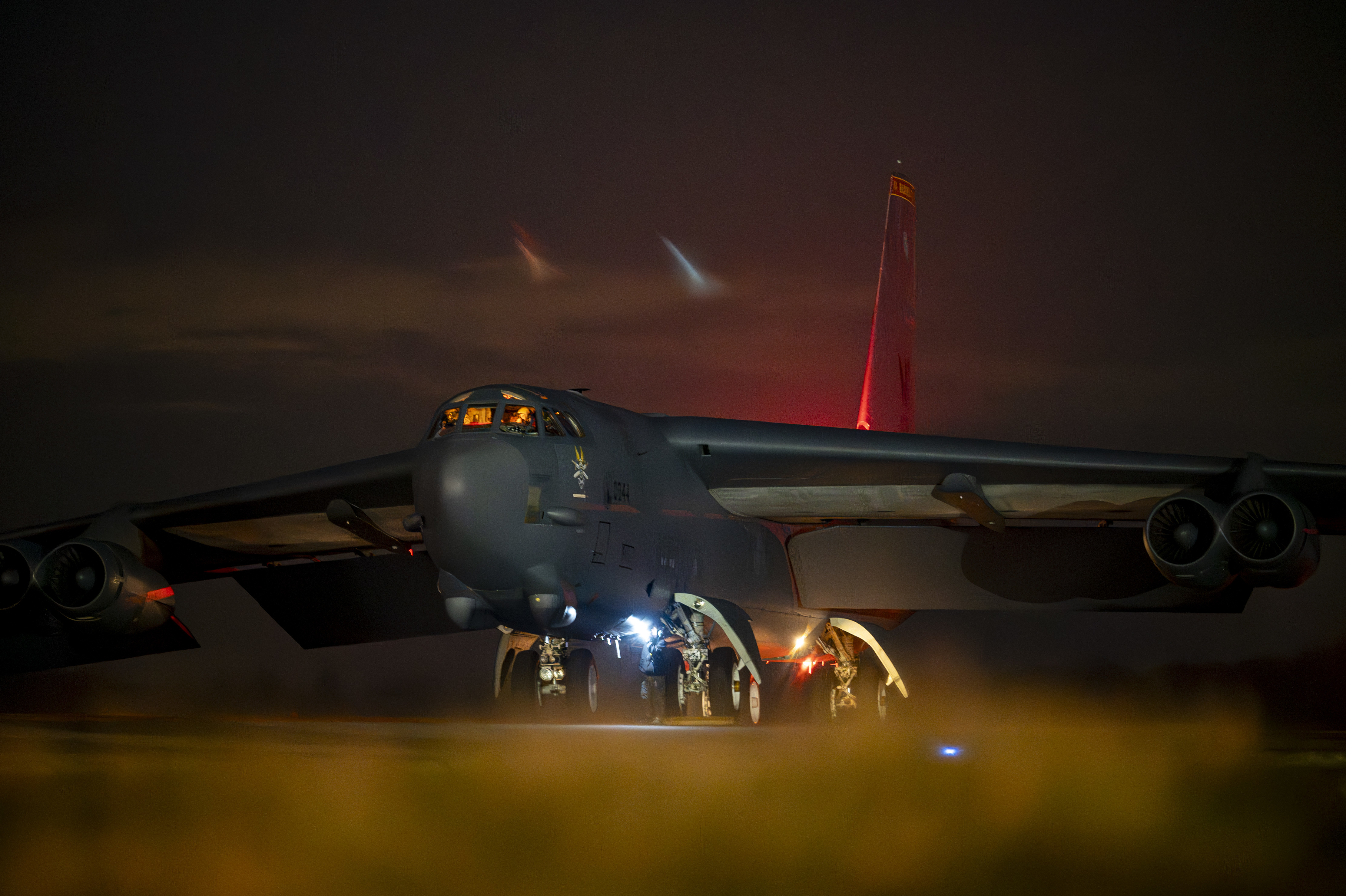 Ground crew members conduct post-flight checks on a U.S. Air Force B-52H Stratofortress aircraft at RAF Fairford, England, after completing a Bomber Task Force 25-2 deployment mission, Feb. 18, 2025. These operations validate the Air Force’s ability to execute long-range strike capabilities. (U.S. Air Force photo by Staff Sgt. Kristen Heller)