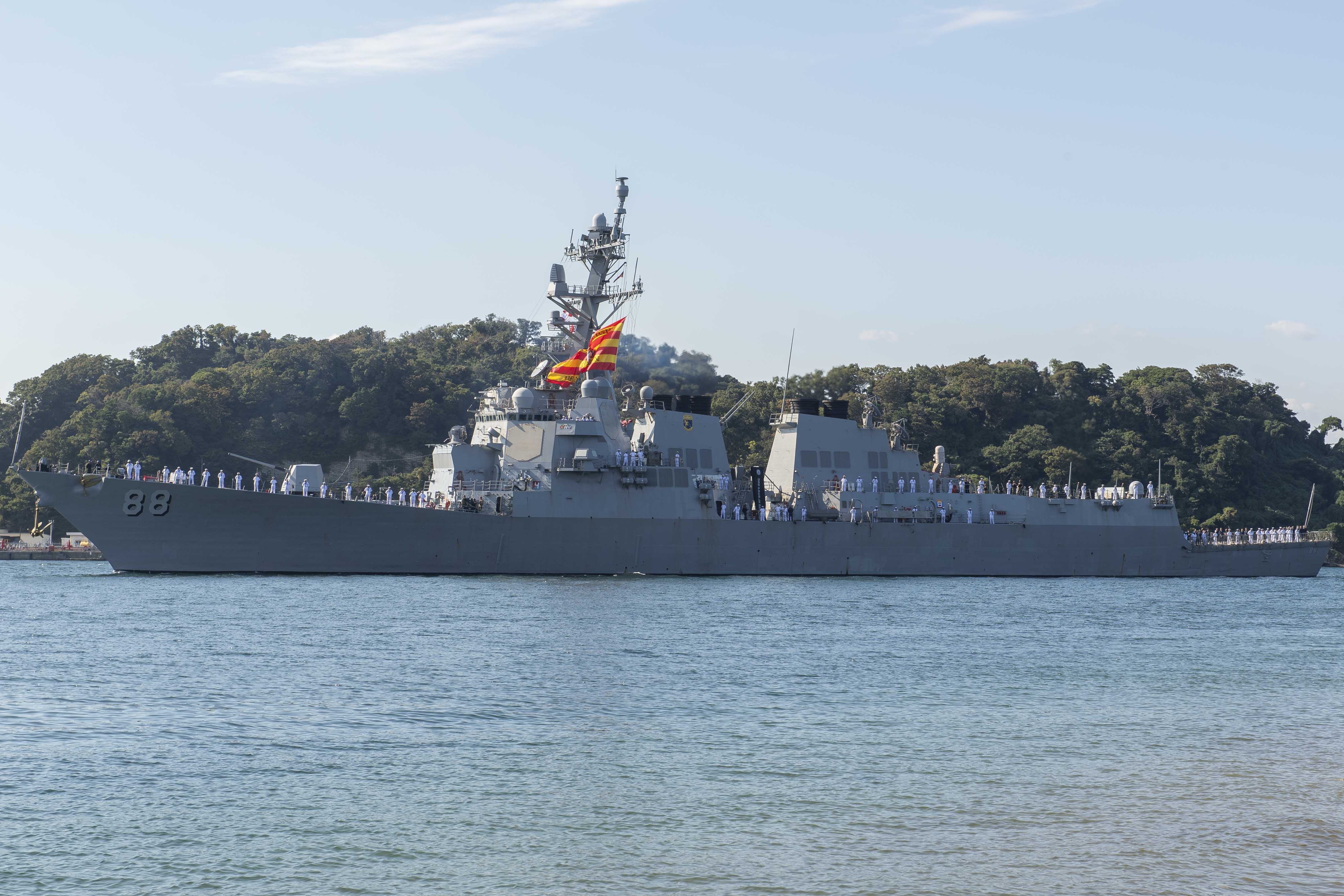 YOKOSUKA, Japan (Oct. 12, 2024) – Sailors assigned to the Arleigh Burke-class guided-missile destroyer USS Preble (DDG 88) man the rails as the ship pulls into Commander, Fleet Activities Yokosuka. Preble is forward-deployed and assigned to Destroyer Squadron (DESRON) 15, the Navy's largest DESRON and the U.S. 7th Fleet's principal surface force. (U.S. Navy photo by Mass Communication Specialist 3rd Class Quinton A. Lee)