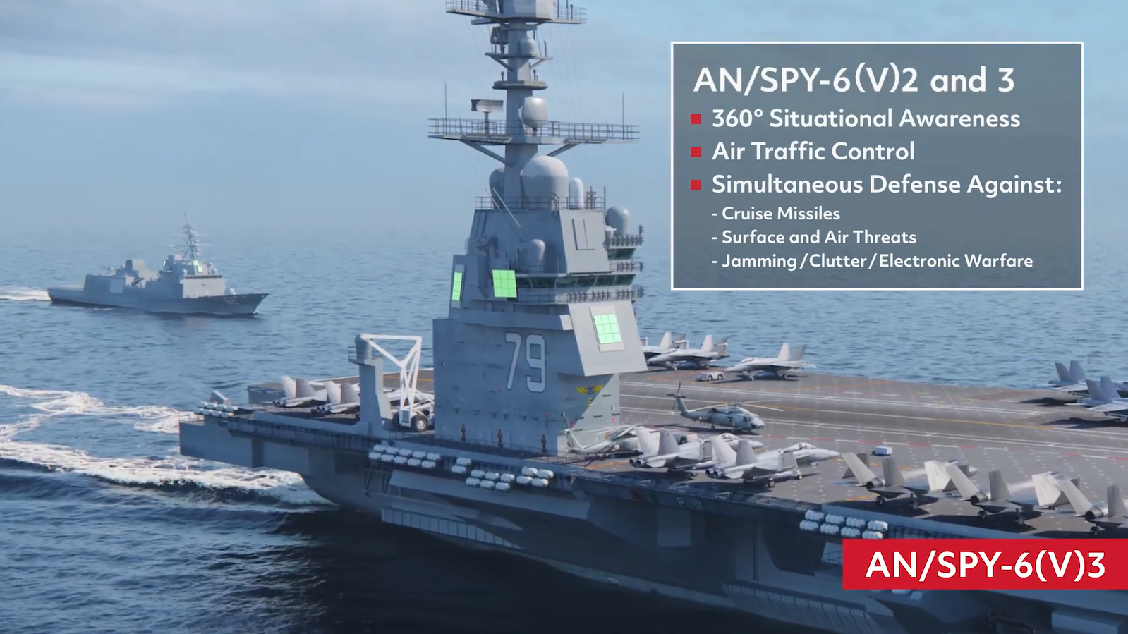 A rendering of how an AN/SPY-6 radar variant would look on a Ford class aircraft carrier. (Video screenshot/RTX)