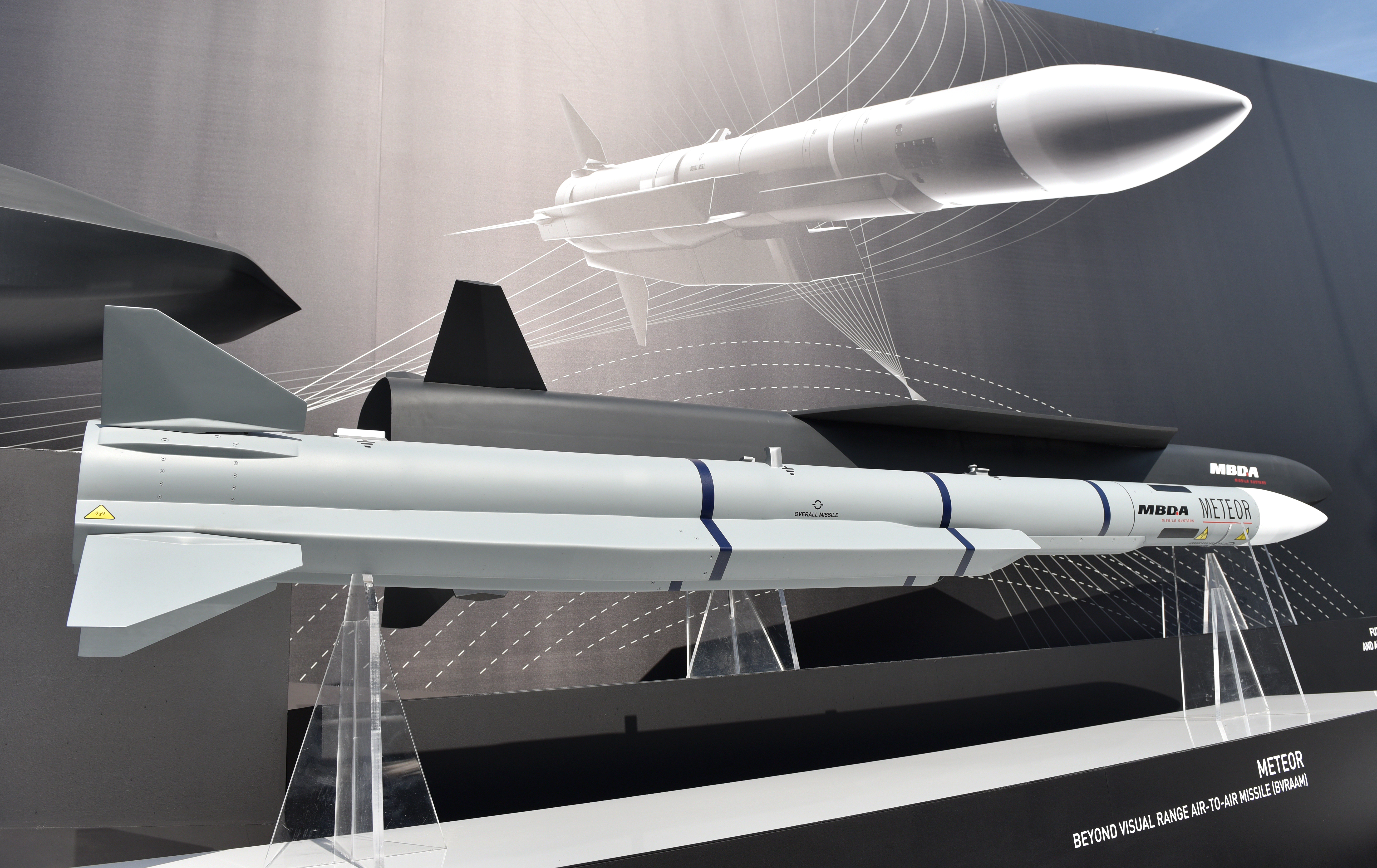 FARNBOROUGH, ENGLAND - JULY 19: The Meteor Beyond Visual Range Air-to-Air Missile (BVRAAM) is displayed outside the MBDA exhibition hall during the Farnborough International Airshow 2022 on July 19, 2022 in Farnborough, England. Farnborough International Airshow 2022 will host leading innovators from the aerospace, aviation and defence industries. (Photo by John Keeble/Getty Images)