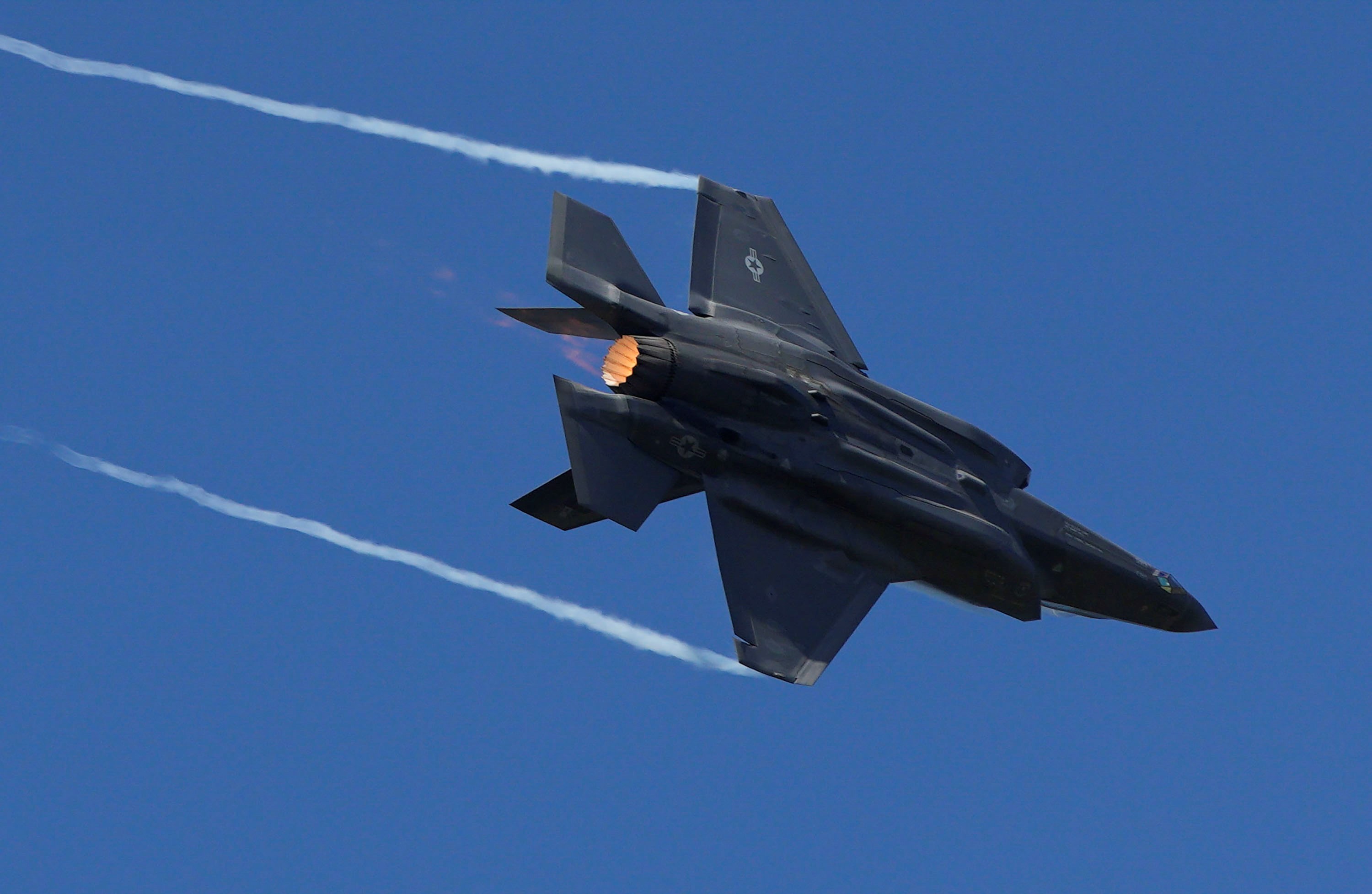 A U.S. Air Force F-35 Lightning II makes an aerial demonstration during the 2023 Abbotsford International Airshow in Abbotsford, British Columbia, Canada, on Aug. 12, 2023. As one of the biggest airshows in Canada, the 2023 Abbotsford International Airshow takes place here from Aug. 11 to Aug. 13. (Photo by Liang Sen/Xinhua via Getty Images)