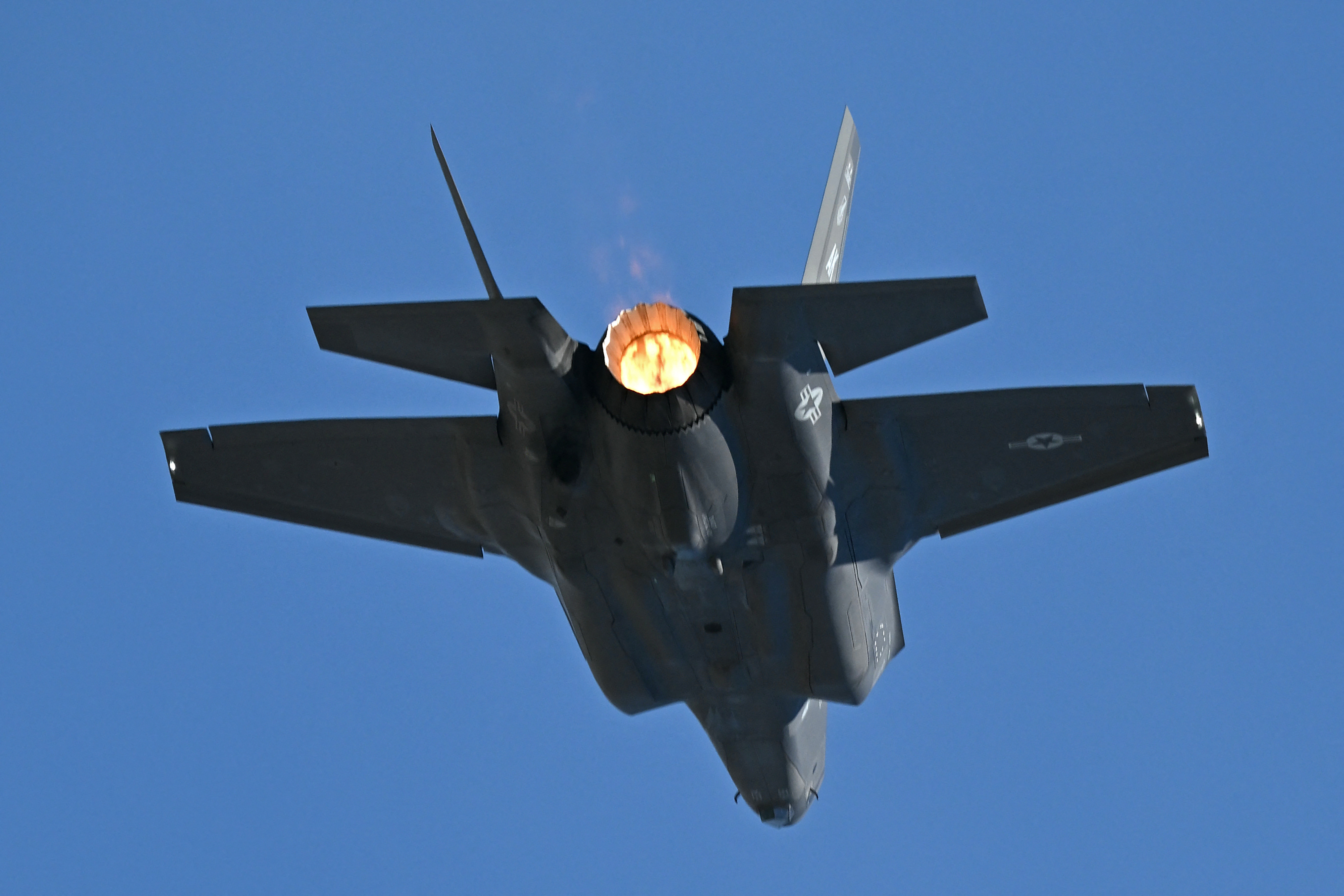 U.S. Air Force's F-35 fifth-generation fighter aircraft performs during Aero India 2025, a military aviation exhibition at the Yelahanka Air Force Station in Bengaluru on February 12, 2025. (Photo by Idrees MOHAMMED / AFP) (Photo by IDREES MOHAMMED/AFP via Getty Images)