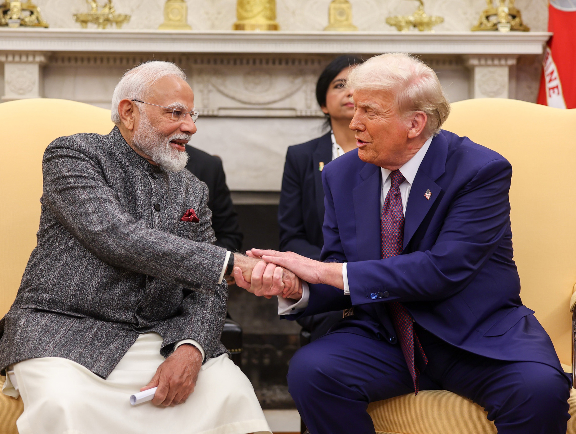 WASHINGTON DC, UNITED STATES - FEBRUARY 13: (----EDITORIAL USE ONLY - MANDATORY CREDIT - 'INDIAN PRESS INFORMATION BUREAU / HANDOUT' - NO MARKETING NO ADVERTISING CAMPAIGNS - DISTRIBUTED AS A SERVICE TO CLIENTS----) US President Donald Trump meets with Indian Prime Minister Narendra Modi at the White House in Washington DC, United States on February 13, 2025. (Photo by Indian Press Information Bureau / Handout/Anadolu via Getty Images)