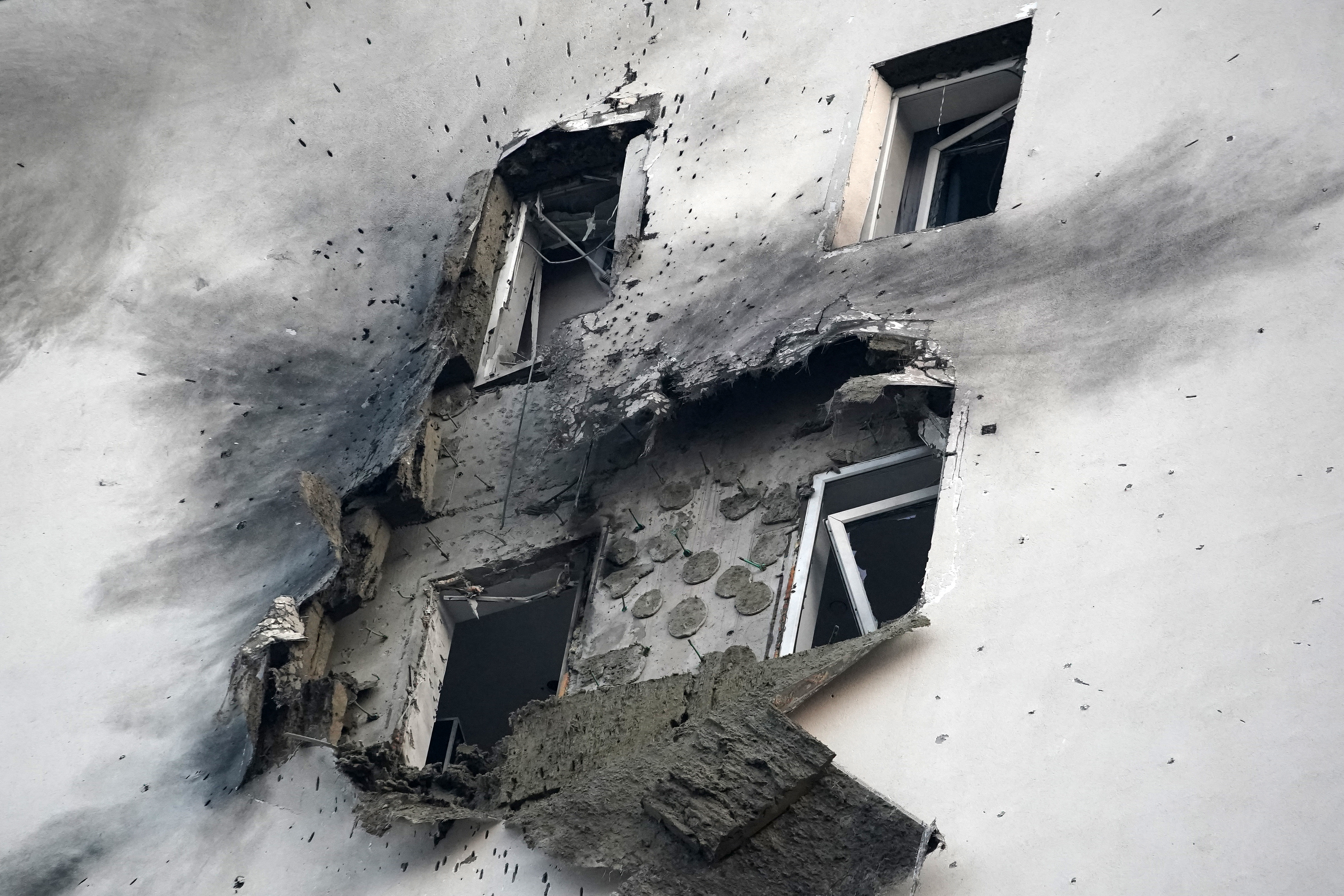 TOPSHOT - A view shows a damaged apartment building in a residential complex following a drone attack in the village of Sapronovo in the Moscow region on March 11, 2025. Ukraine targeted Moscow with dozens of drones in a "massive" overnight attack, the city's mayor said on March 11, 2025. (Photo by TATYANA MAKEYEVA / AFP) (Photo by TATYANA MAKEYEVA/AFP via Getty Images)