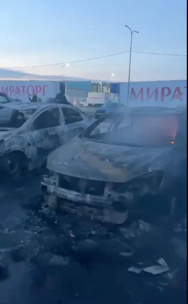 MOSCOW, RUSSIA - MARCH 11: (----EDITORIAL USE ONLY - MANDATORY CREDIT - 'MOSCOW GOVERNPRSHIP / HANDOUT' - NO MARKETING NO ADVERTISING CAMPAIGNS - DISTRIBUTED AS A SERVICE TO CLIENTS---- ) A video capture shows destroyed vehicles after a massive drone attack at the Leninsky urban district (Vidnoye) and Domodedovo (Yam village) at 4 am in Moscow, Russia on March 11, 2025. At least one person was killed and three others injured in a "massive" drone attack on Russia. (Photo by Moscow Governorship / Handout/Anadolu via Getty Images)