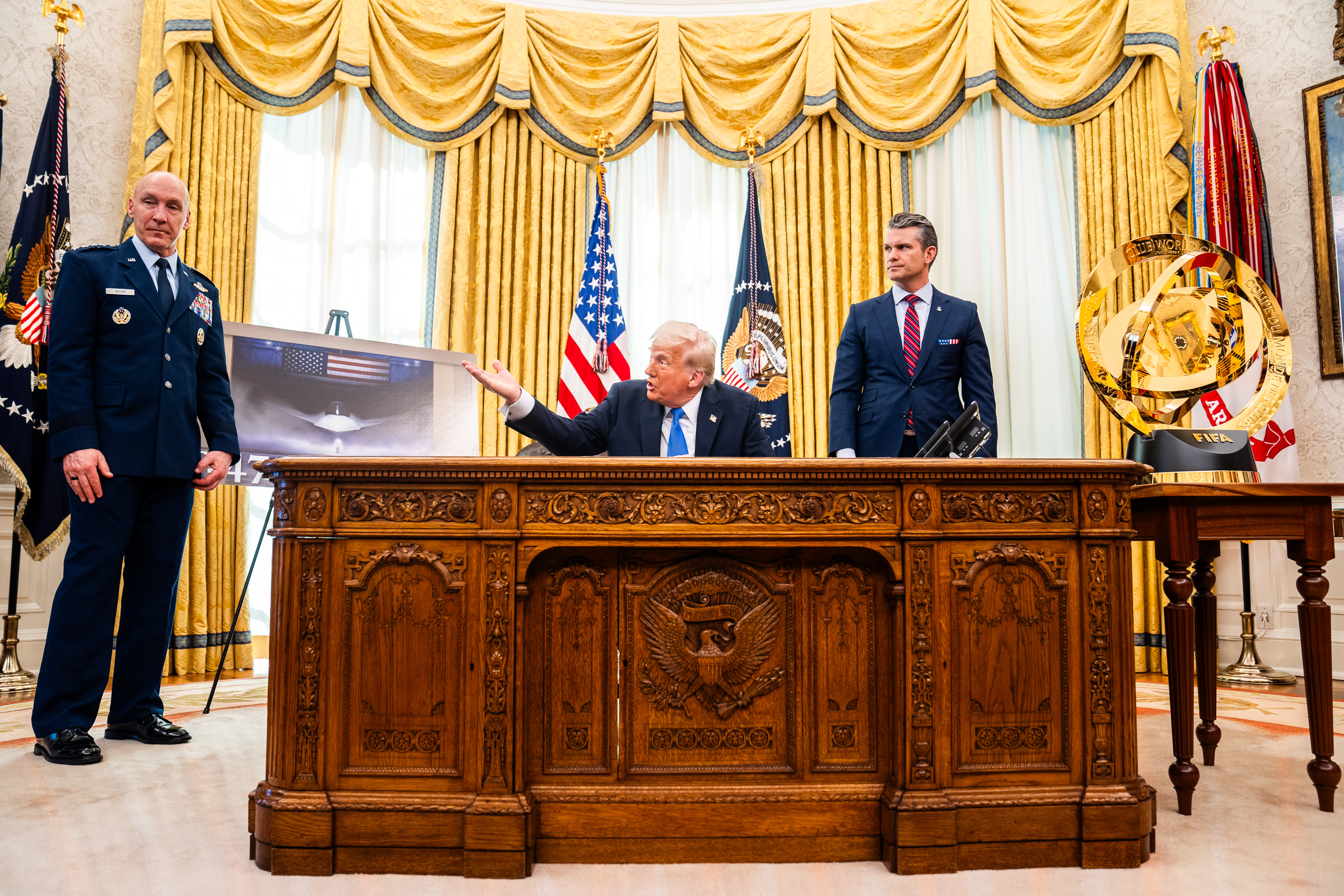 WASHINGTON, DC March 21, 2025: US President Donald Trump speaks during a meeting in announcing the F-47 6th generation fighter jet in the Oval Office of the White House on Friday March 21, 2025. US Secretary of Defense Pete Hegseth and General David Allvin attended the meeting. (Photo by Demetrius Freeman/The Washington Post via Getty Images)
