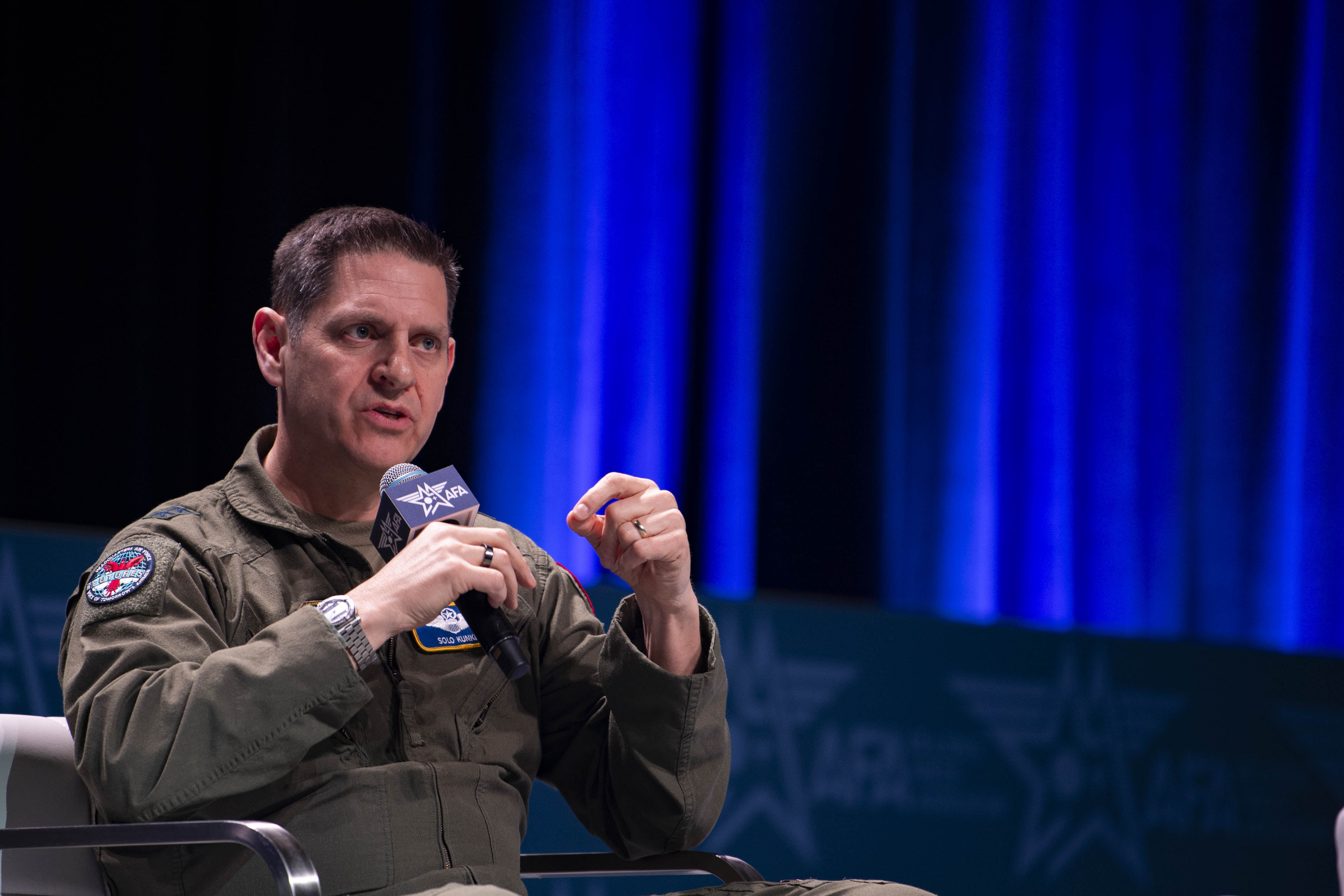 Maj. Gen Joseph Kunkel, the Director of Force Design, Integration, and Wargaming speaks at the Air and Space Forces Association Warfare Symposium in Aurora, Colo., March 4, 2025. Kunkel joined a discussion which focused on the Air Force's force design. (U.S. Air Force photo by Staff Sgt. Adam R. Shanks)