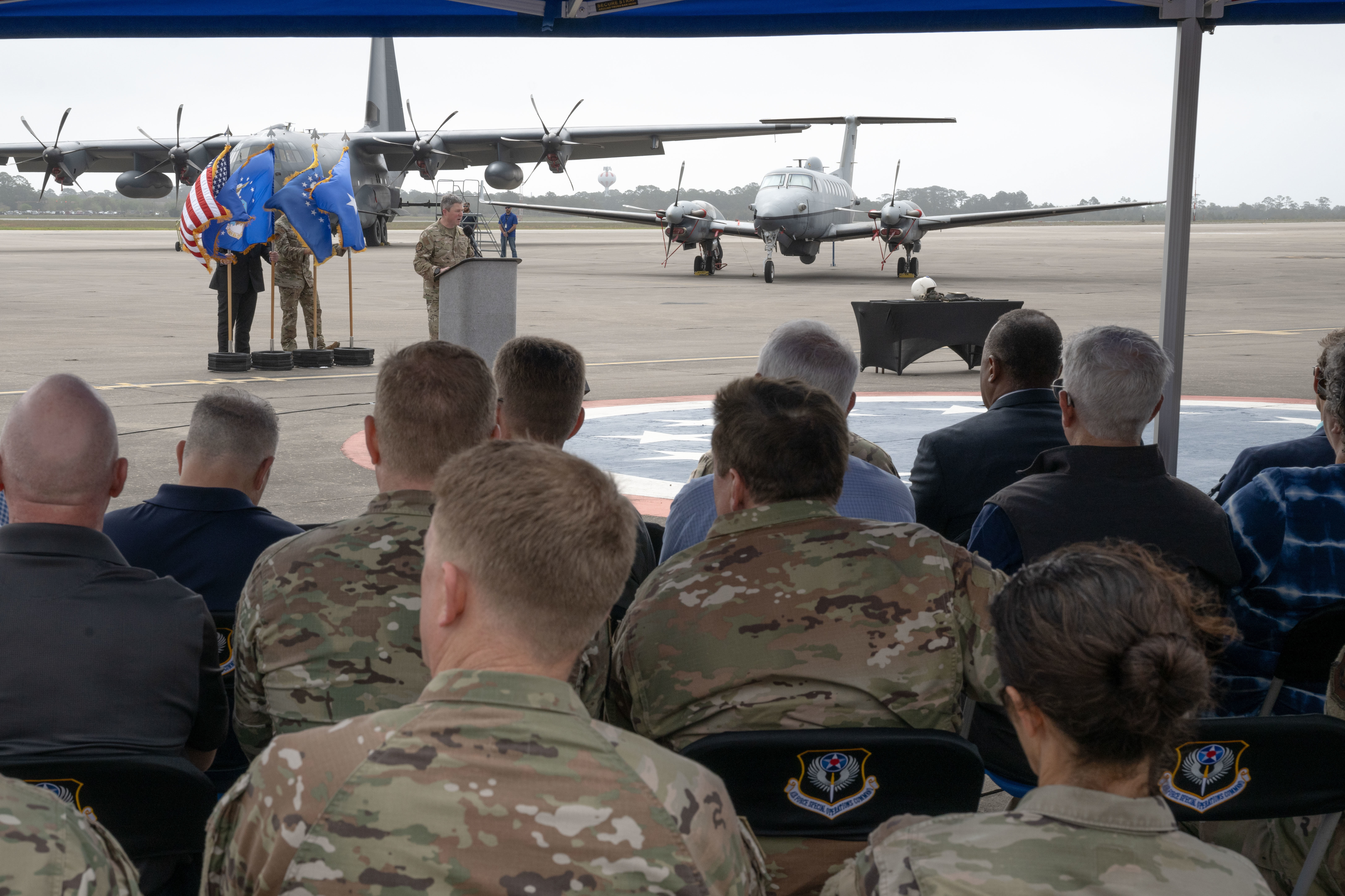 U.S. Air Force Special Operations Command hosts a delivery ceremony at Hurlburt Field, Florida, April 3, 2025, to mark the arrival of the command’s first missionized OA-1K Skyraider II U.S. Special Operations Command and AFSOC leadership joined elected officials and community leaders in a ceremony marking the arrival. (U.S. Air Force photo by Staff Sgt. Natalie Fiorilli)