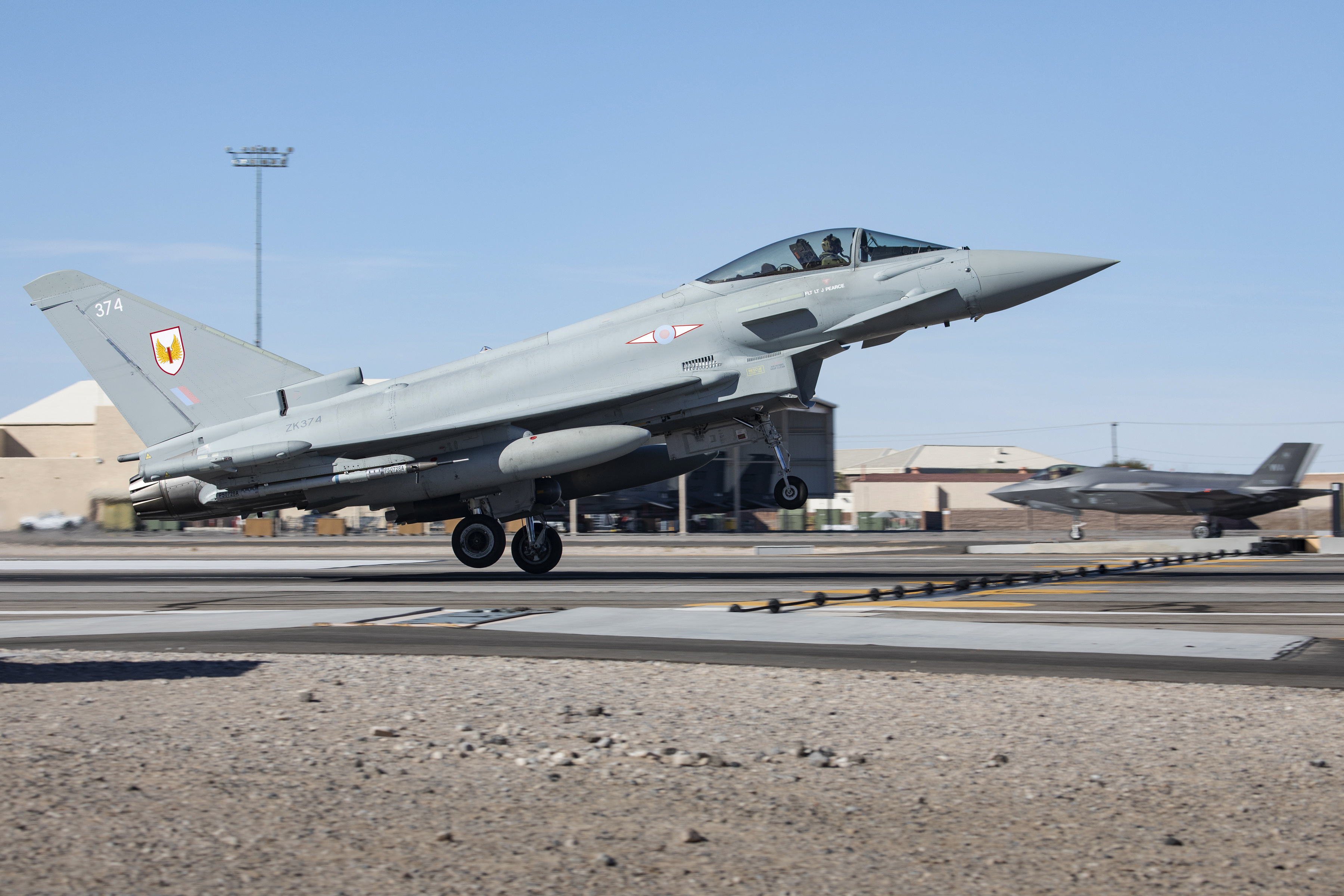 Image shows a 1 Squadron Typhoon landing whilst a USAF F-35 taxis behind. Exercise Red Flag at Nellis Air Force Base. Exercise Red Flag is the most complex aerial war fighting exercise undertaken by the Royal Air Force. The exercise runs from the 24th of January to the 13th of February.